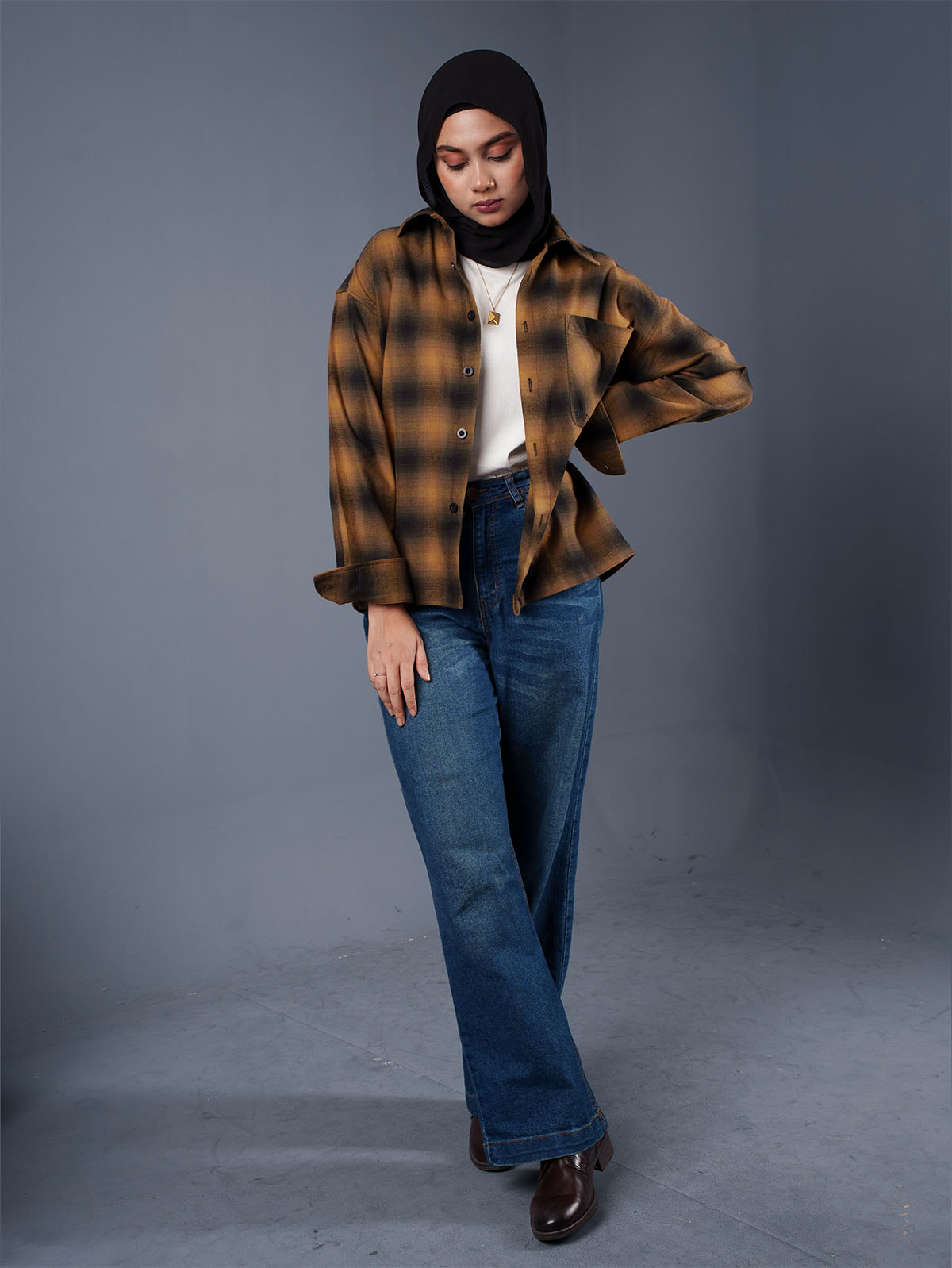 BOXY Mustard & Black Plaid Flannel Shirt