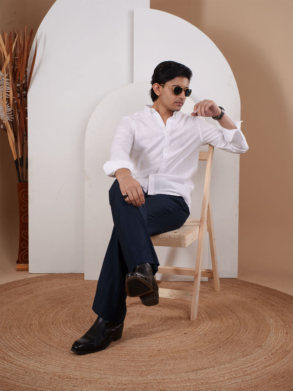 NIGHTFALL Solid White Textured Shirt