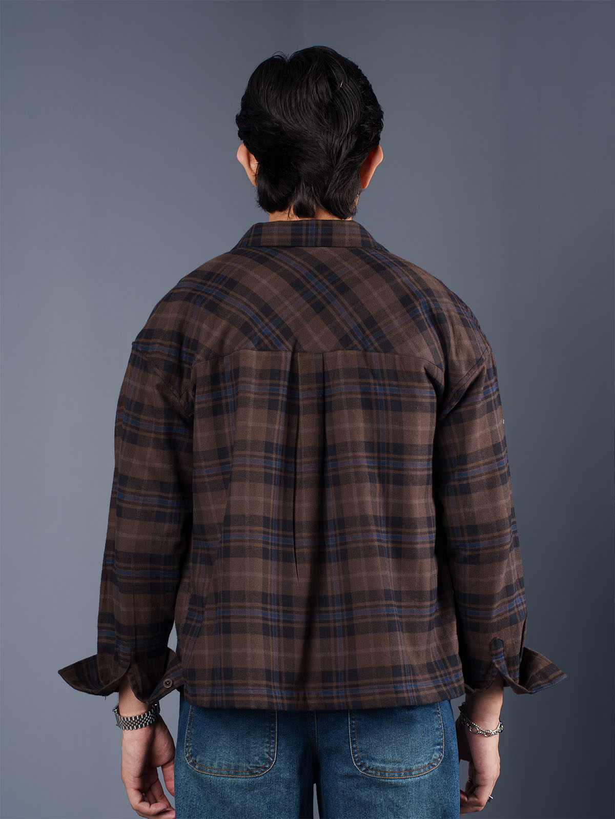 BOXY Coffee & Navy Plaid Flannel Shirt