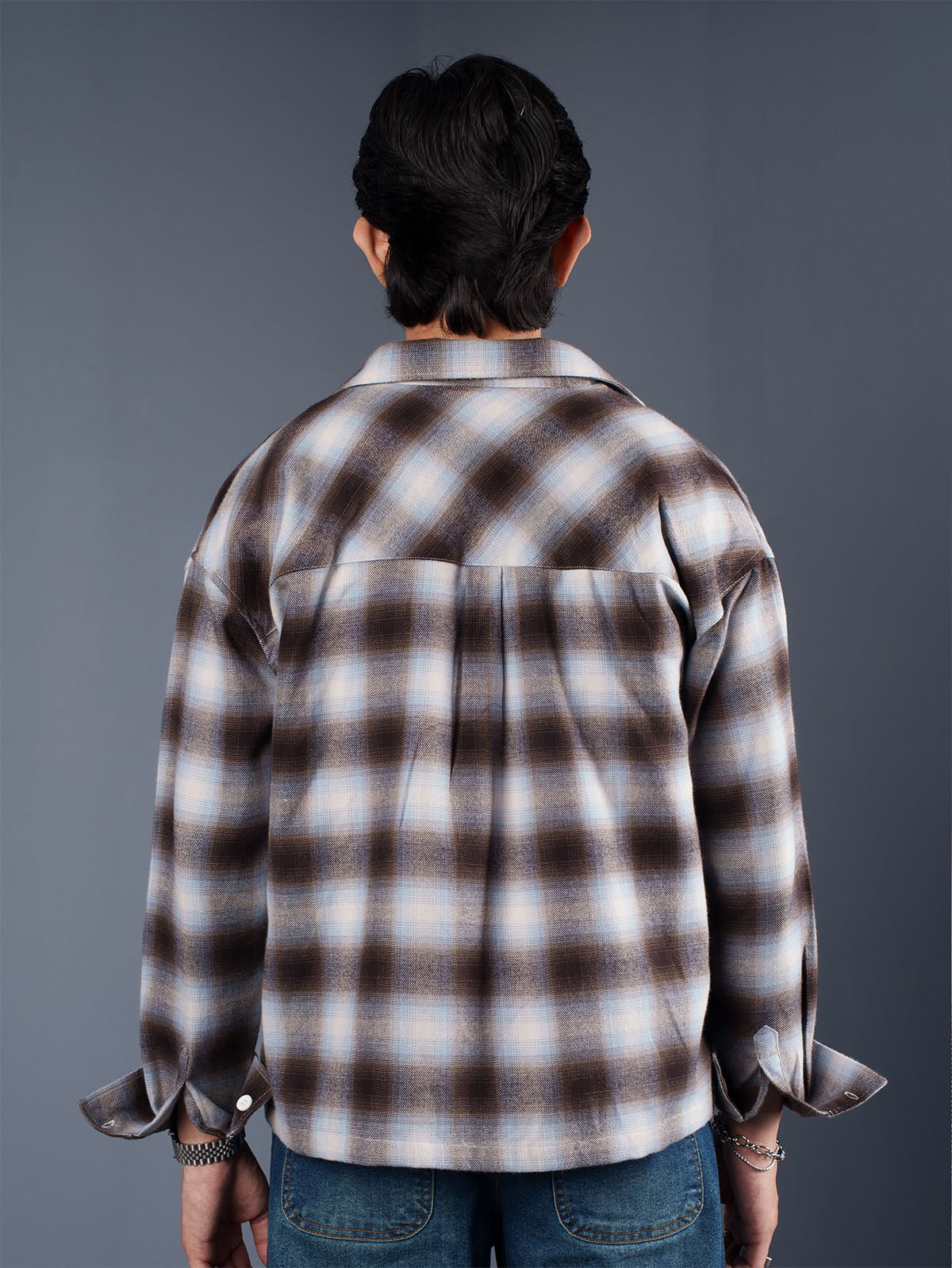 BOXY Brown & Light Blue Plaid Flannel Shirt