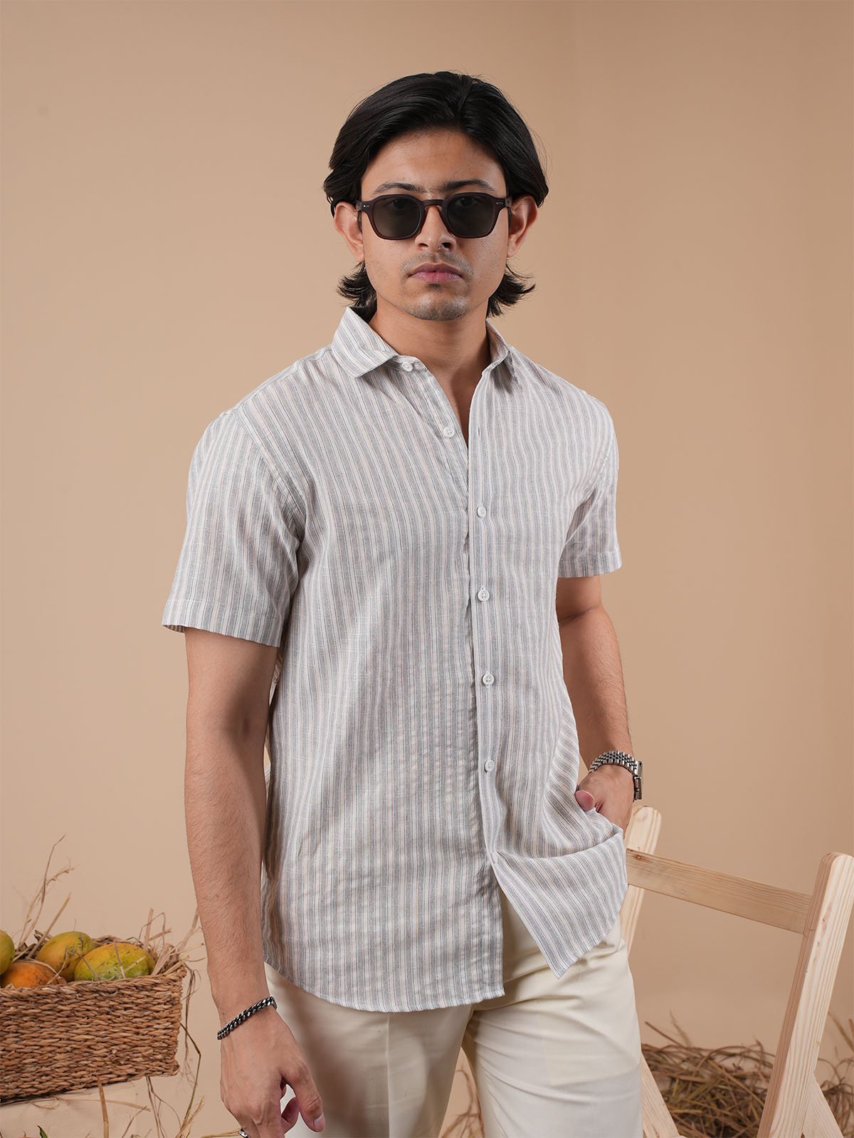 Ash Grey Stripe Half Sleeve Shirt - BazeLine