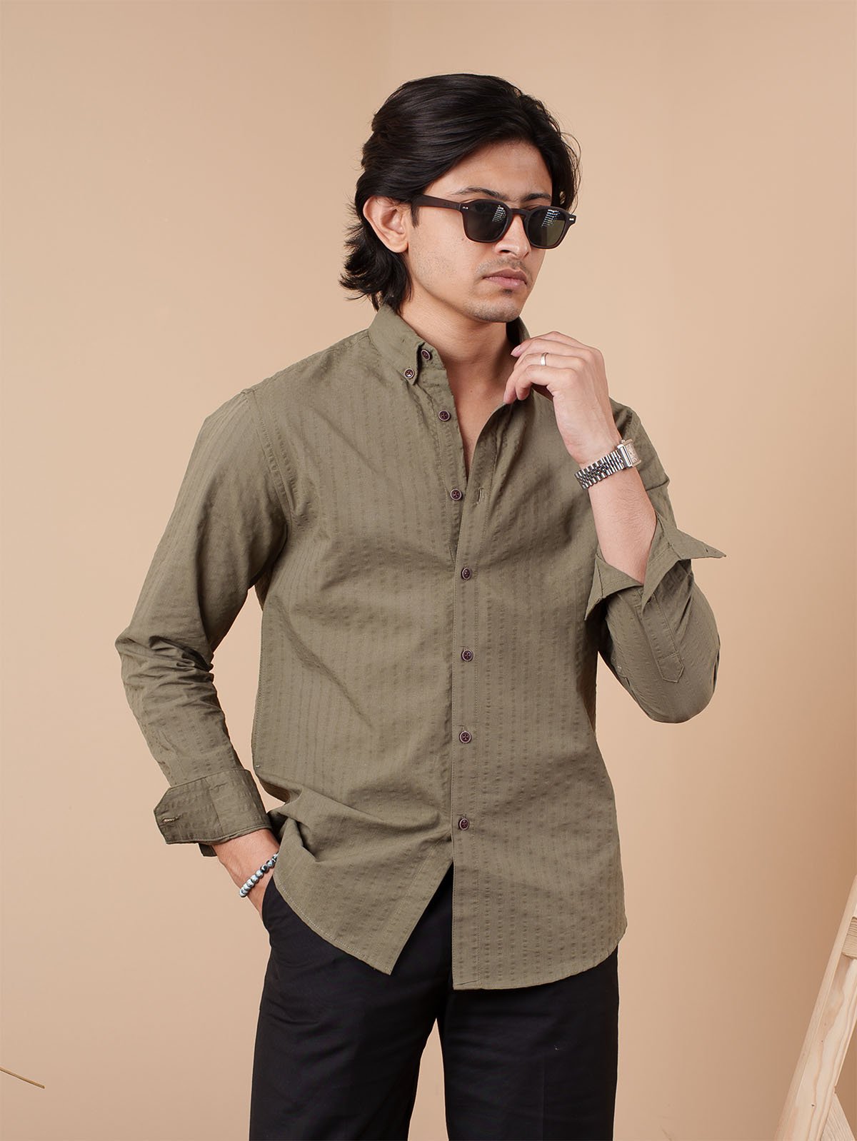 AURAA Olive Seersucker Shirt [Restocked] - BazeLine
