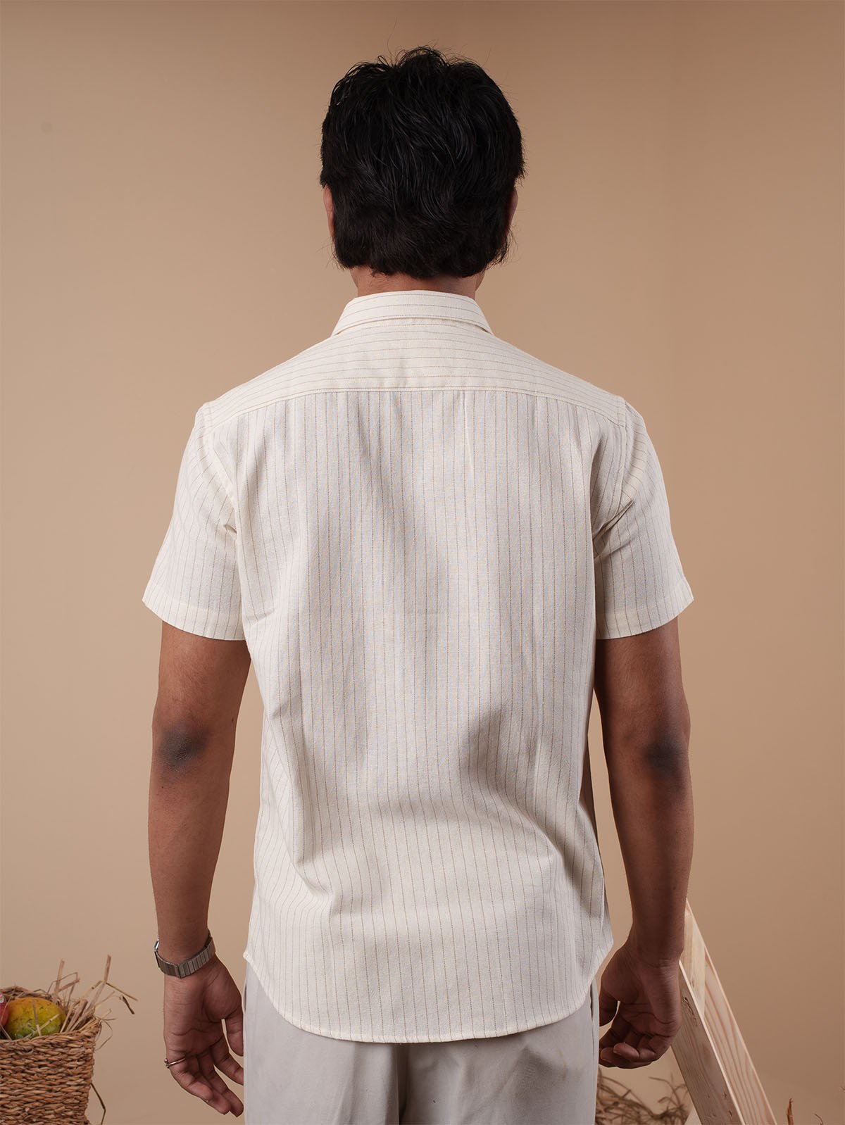 Cream White Pinstripe Half Sleeve Shirt - BazeLine