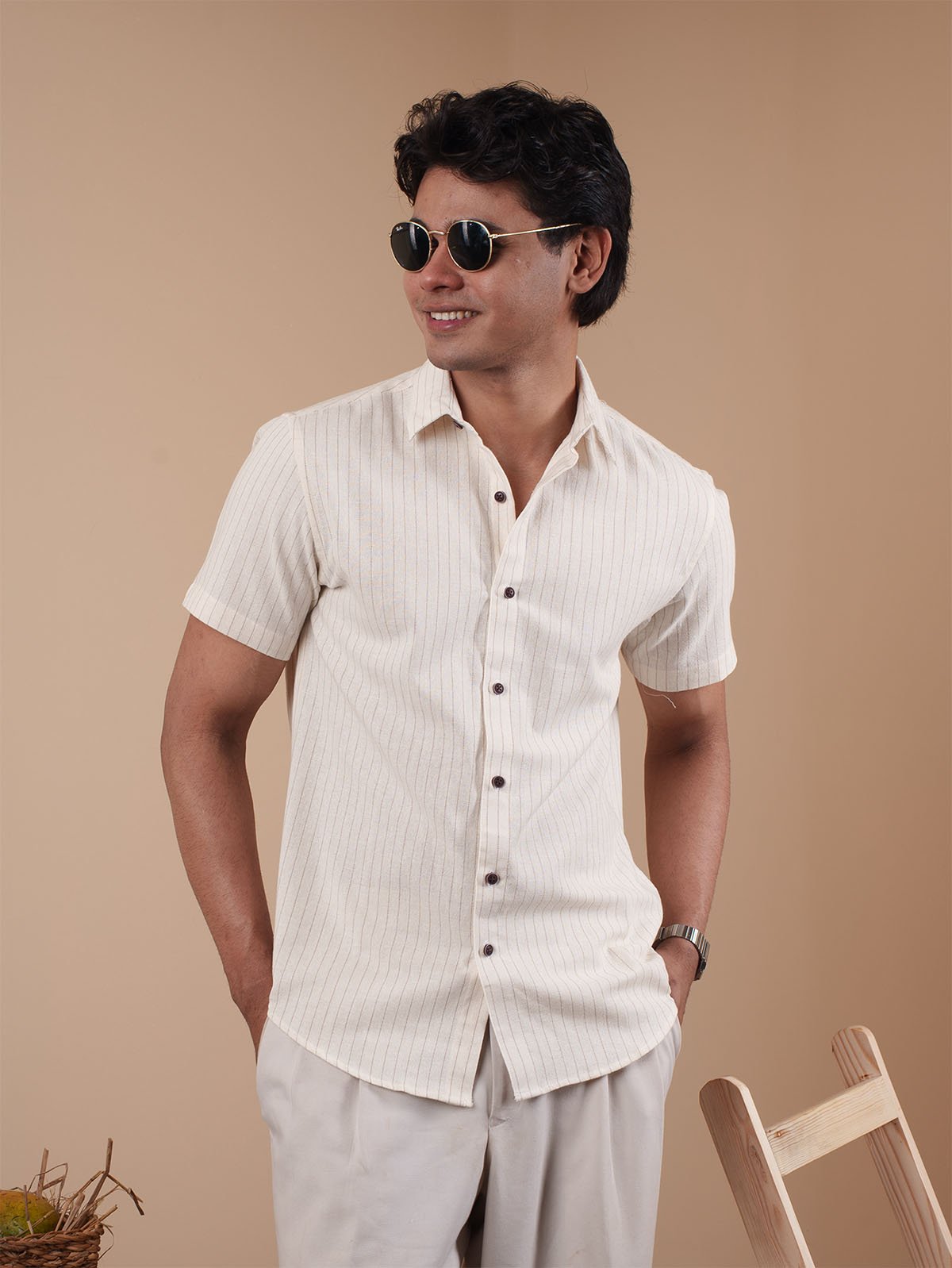 Cream White Pinstripe Half Sleeve Shirt - BazeLine
