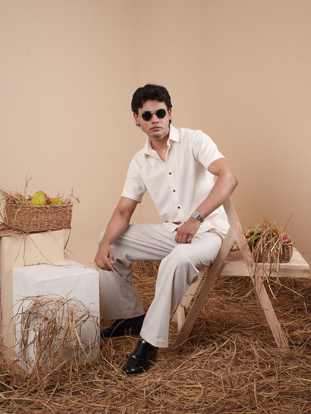 Cream White Pinstripe Half Sleeve Shirt - BazeLine