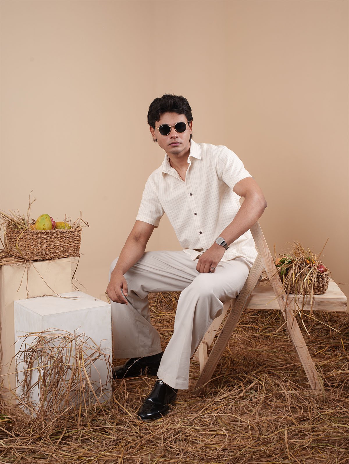 Cream White Pinstripe Half Sleeve Shirt - BazeLine