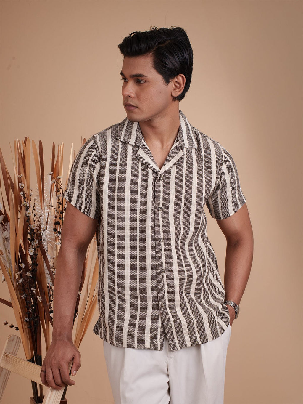 CROCHET Coffee Stripe Cuban Shirt - BazeLine