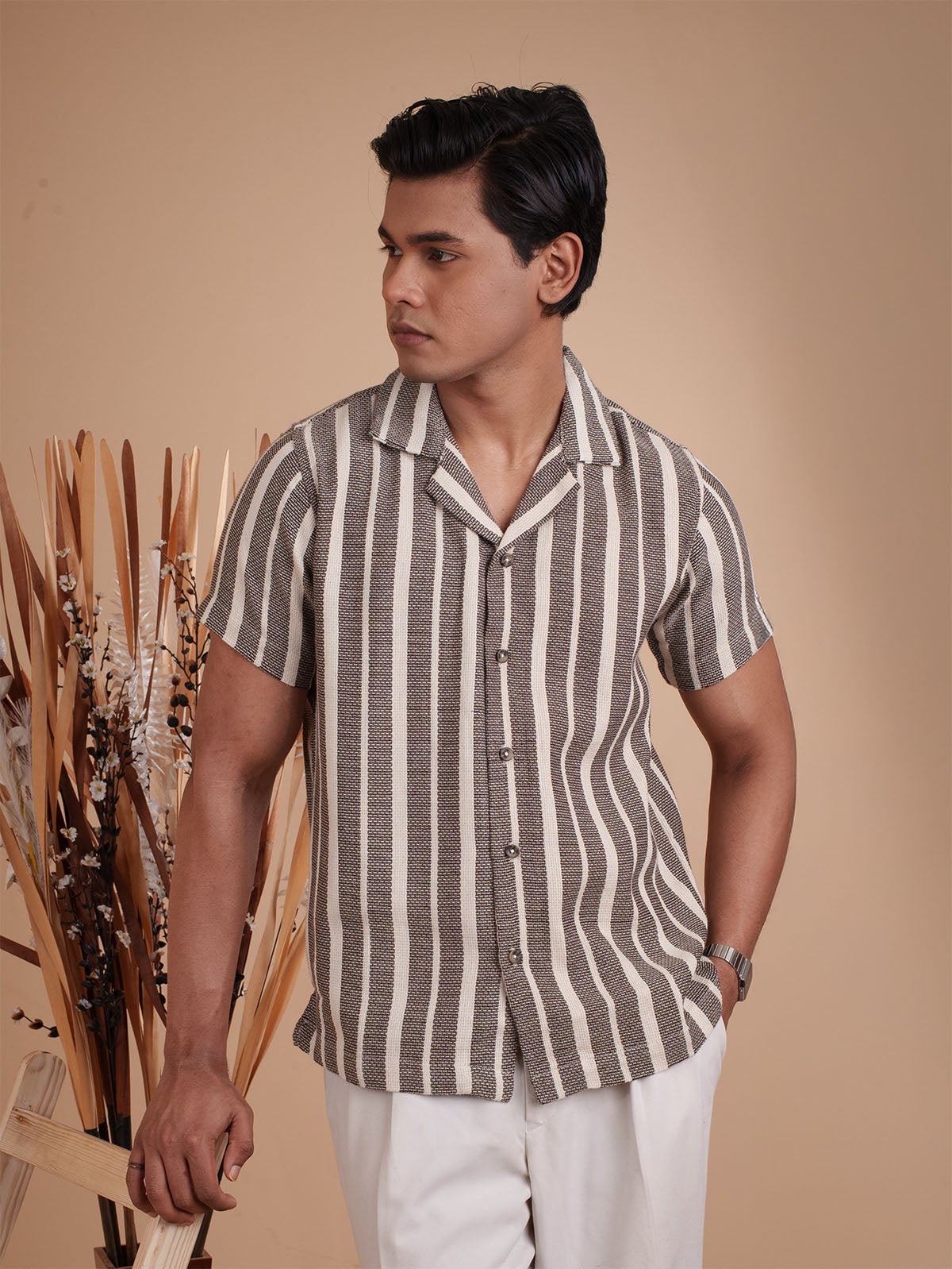 CROCHET Coffee Stripe Cuban Shirt - BazeLine