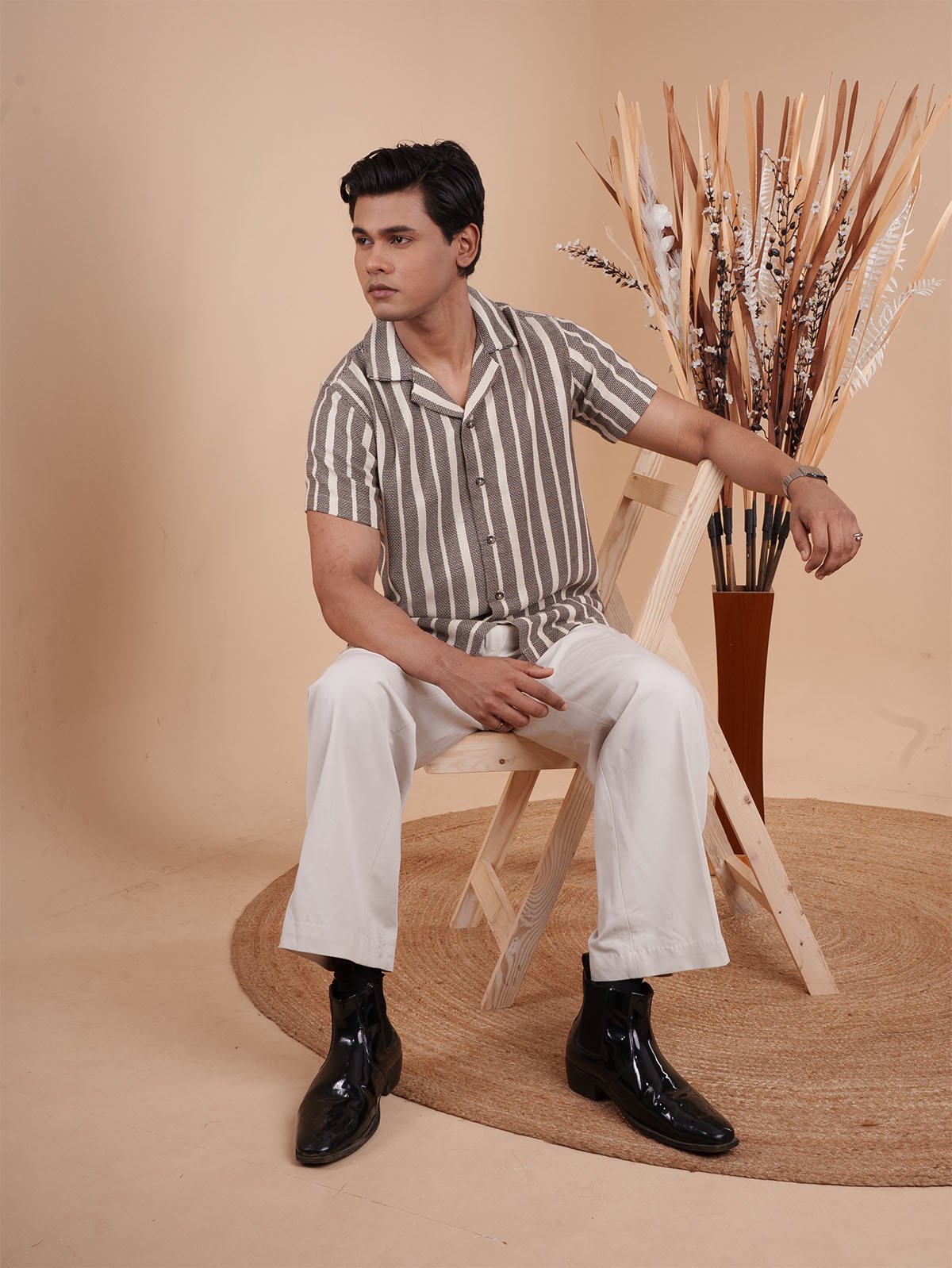 CROCHET Coffee Stripe Cuban Shirt - BazeLine