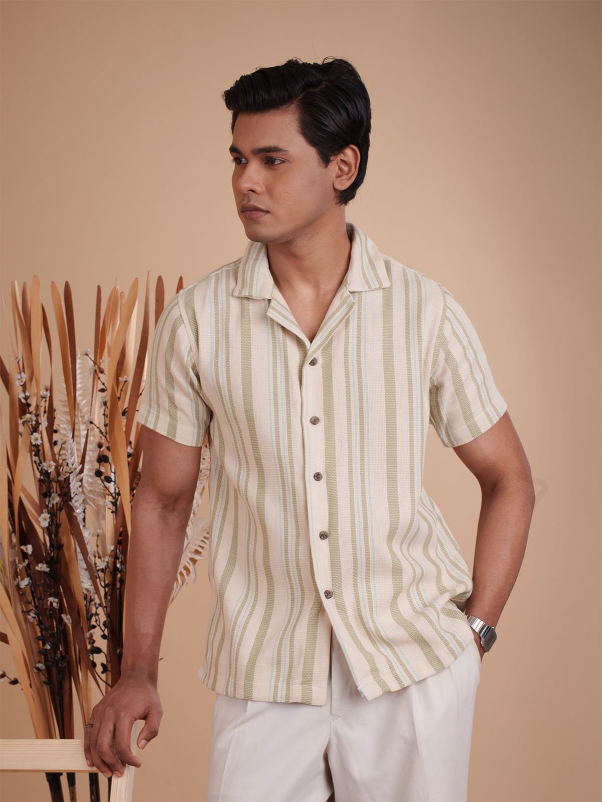 CROCHET Sage Stripe Cuban Shirt - BazeLine