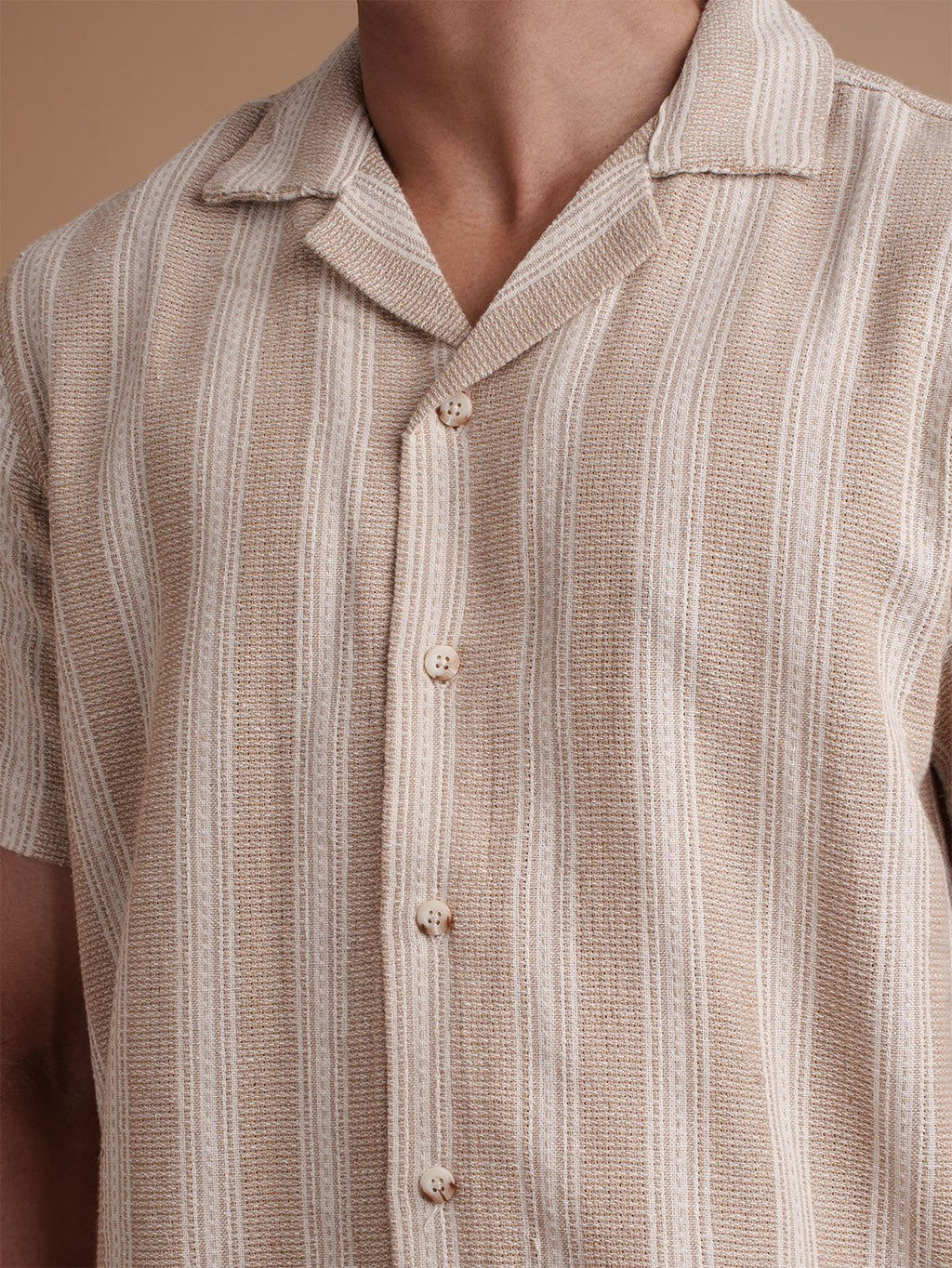 CROCHET Sand Beige Stripe Cuban Shirt - BazeLine