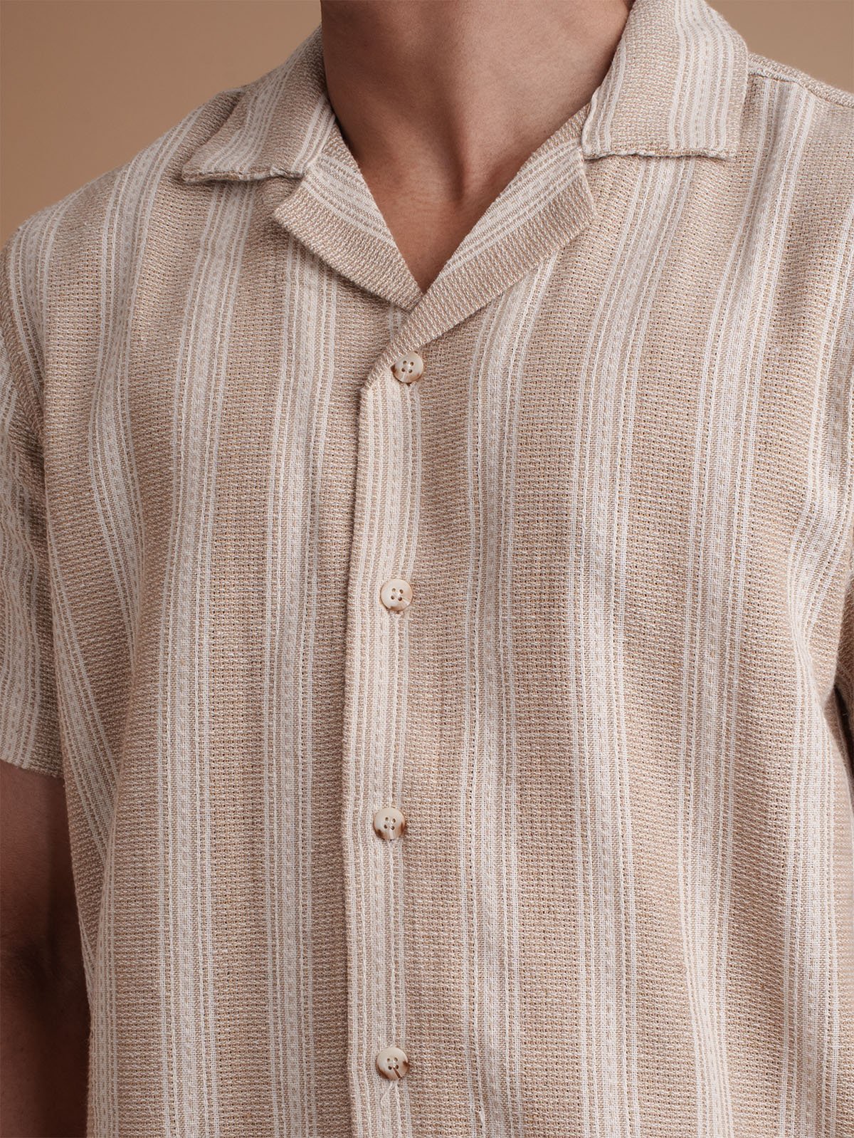 CROCHET Sand Beige Stripe Cuban Shirt - BazeLine
