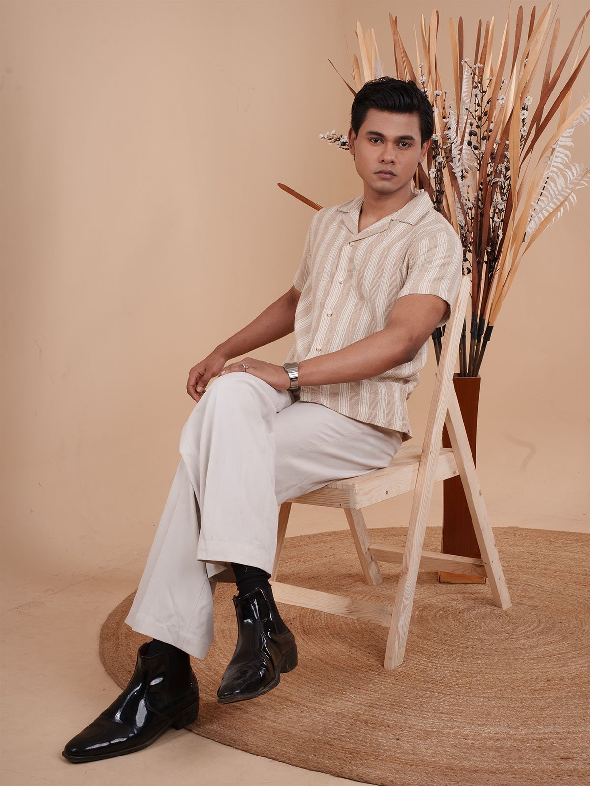 CROCHET Sand Beige Stripe Cuban Shirt - BazeLine