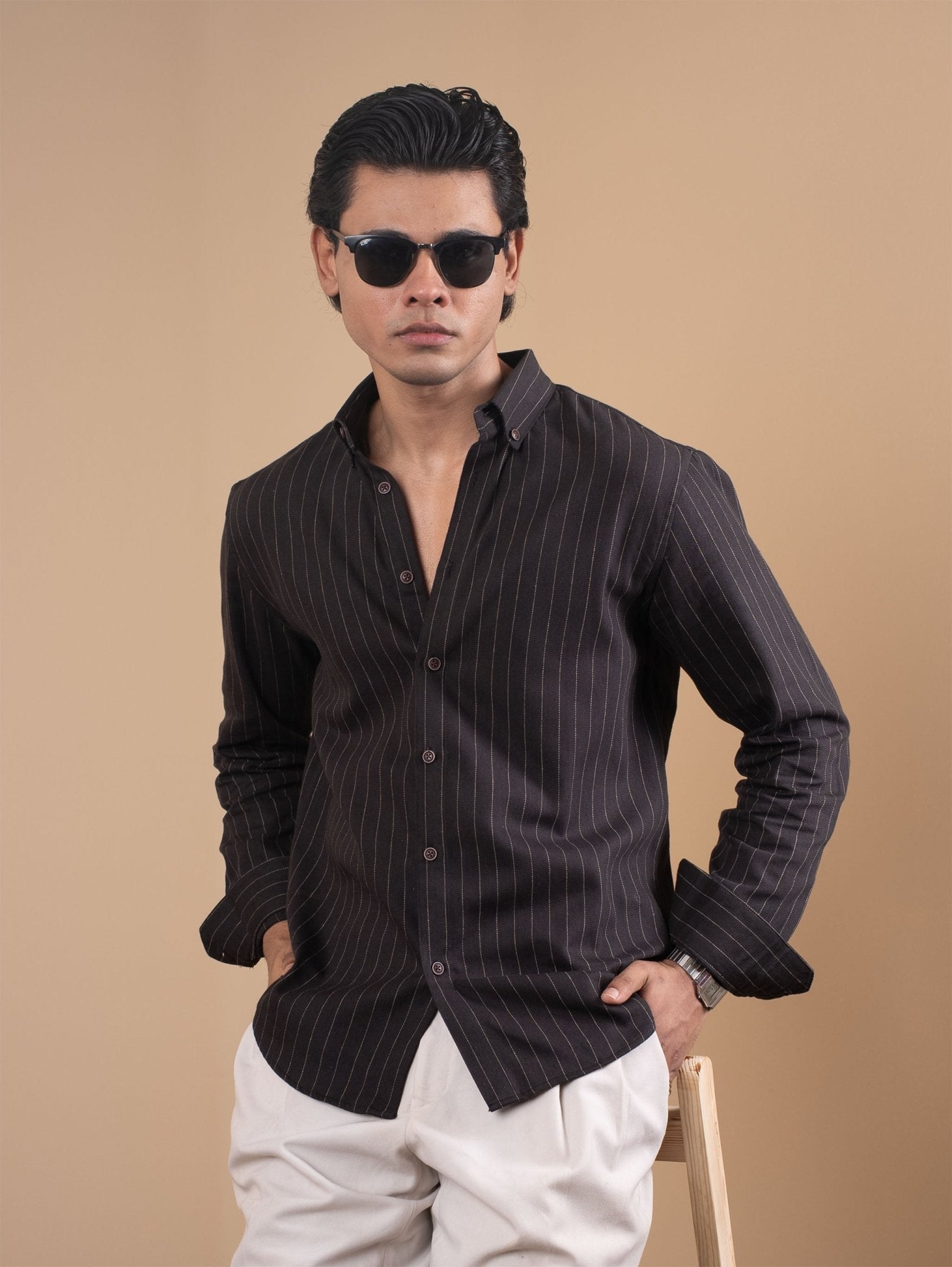 MOST WANTED Man in Black Pinstripes Shirt - BazeLine