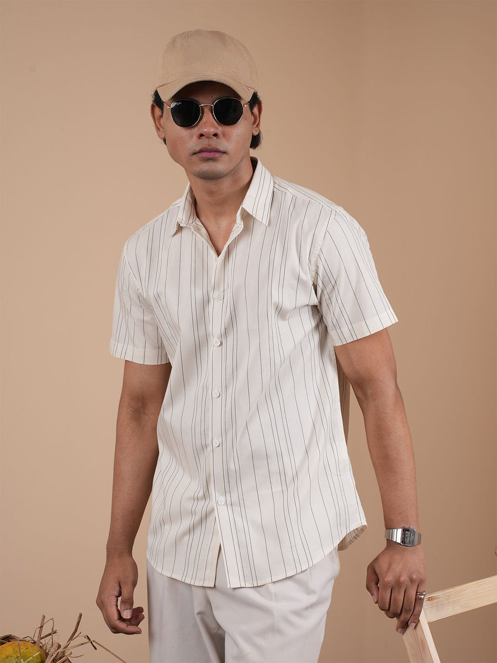 Off-White Pinstripe Half Sleeve Shirt - BazeLine