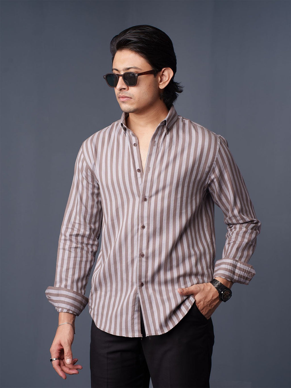 ORBIT Coffee & Grey Striped Shirt - BazeLine