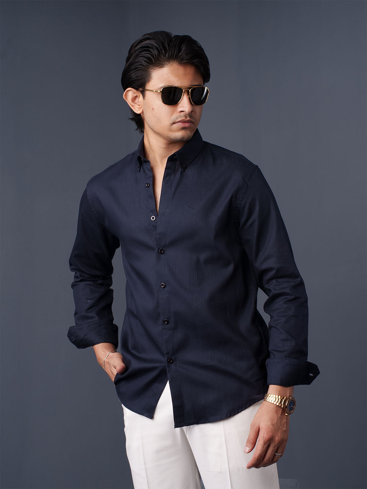 ORBIT Navy Herringbone Shirt - BazeLine