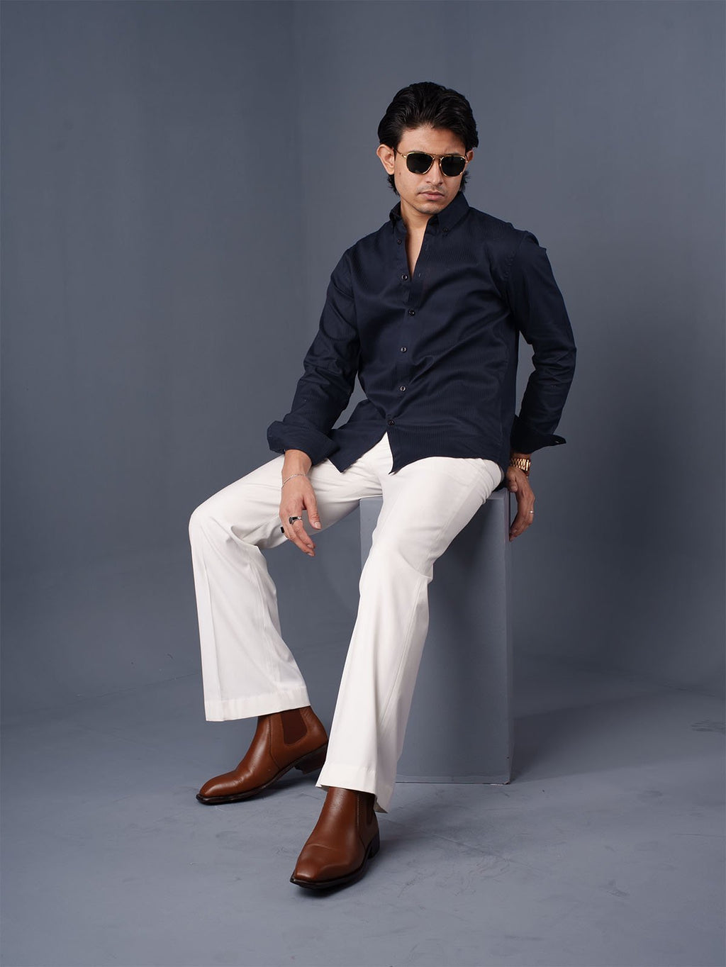 ORBIT Navy Herringbone Shirt - BazeLine