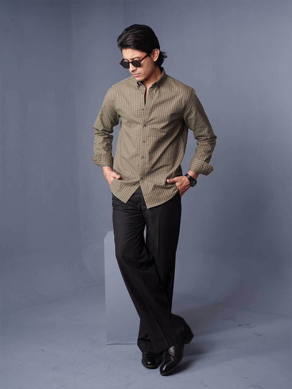 ORBIT Olive Textured Pinstripe Shirt - BazeLine