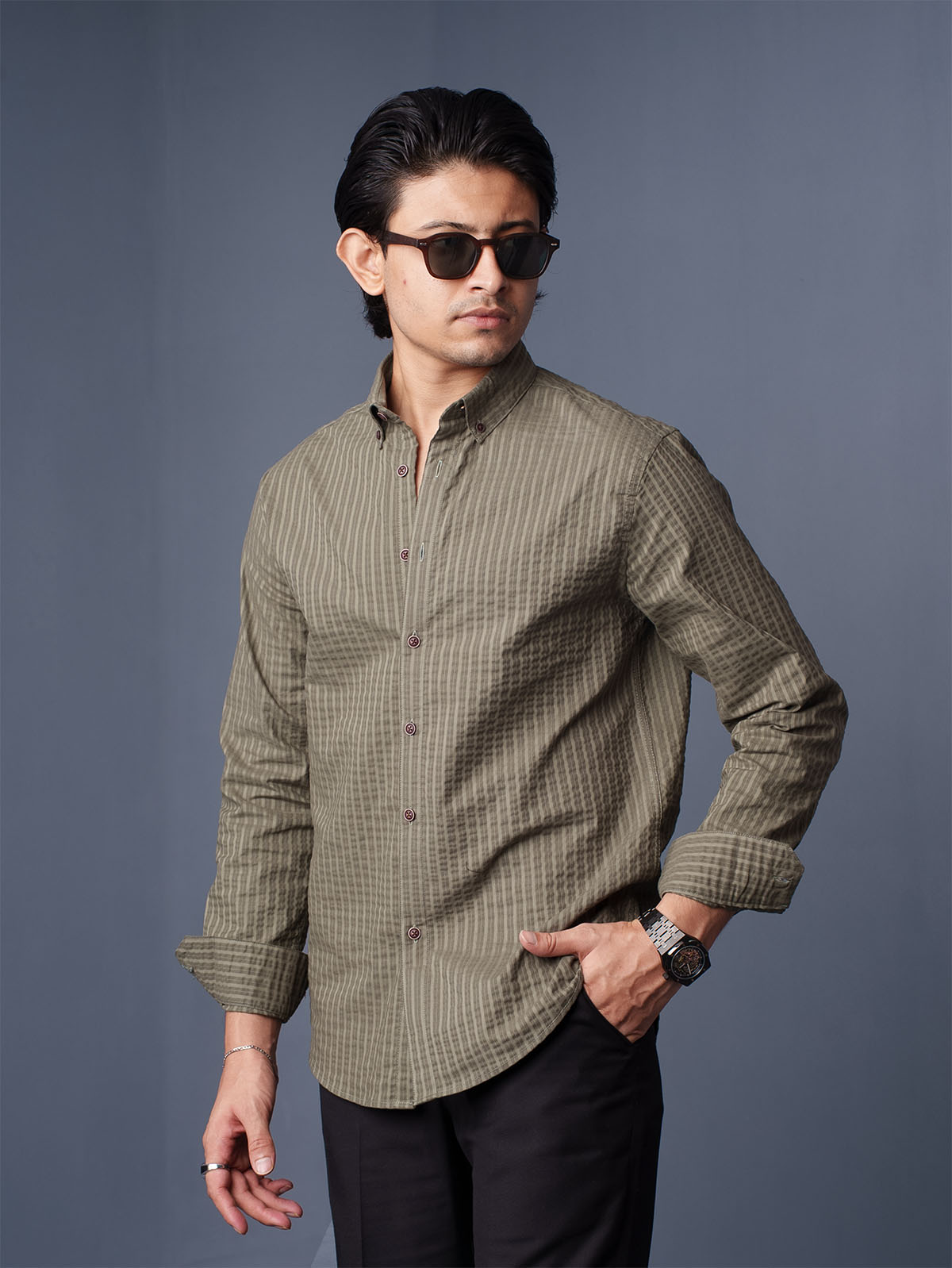 ORBIT Olive Textured Pinstripe Shirt - BazeLine