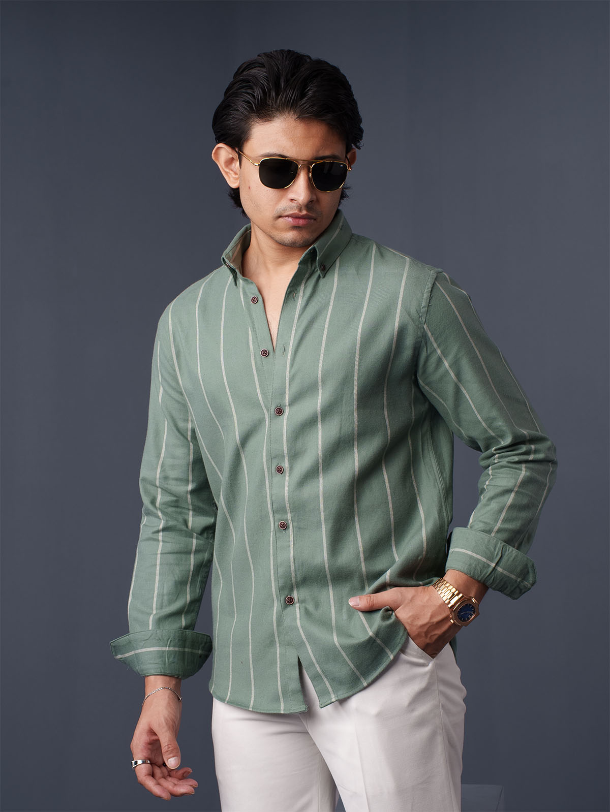 ORBIT Sage Green Striped Shirt - BazeLine