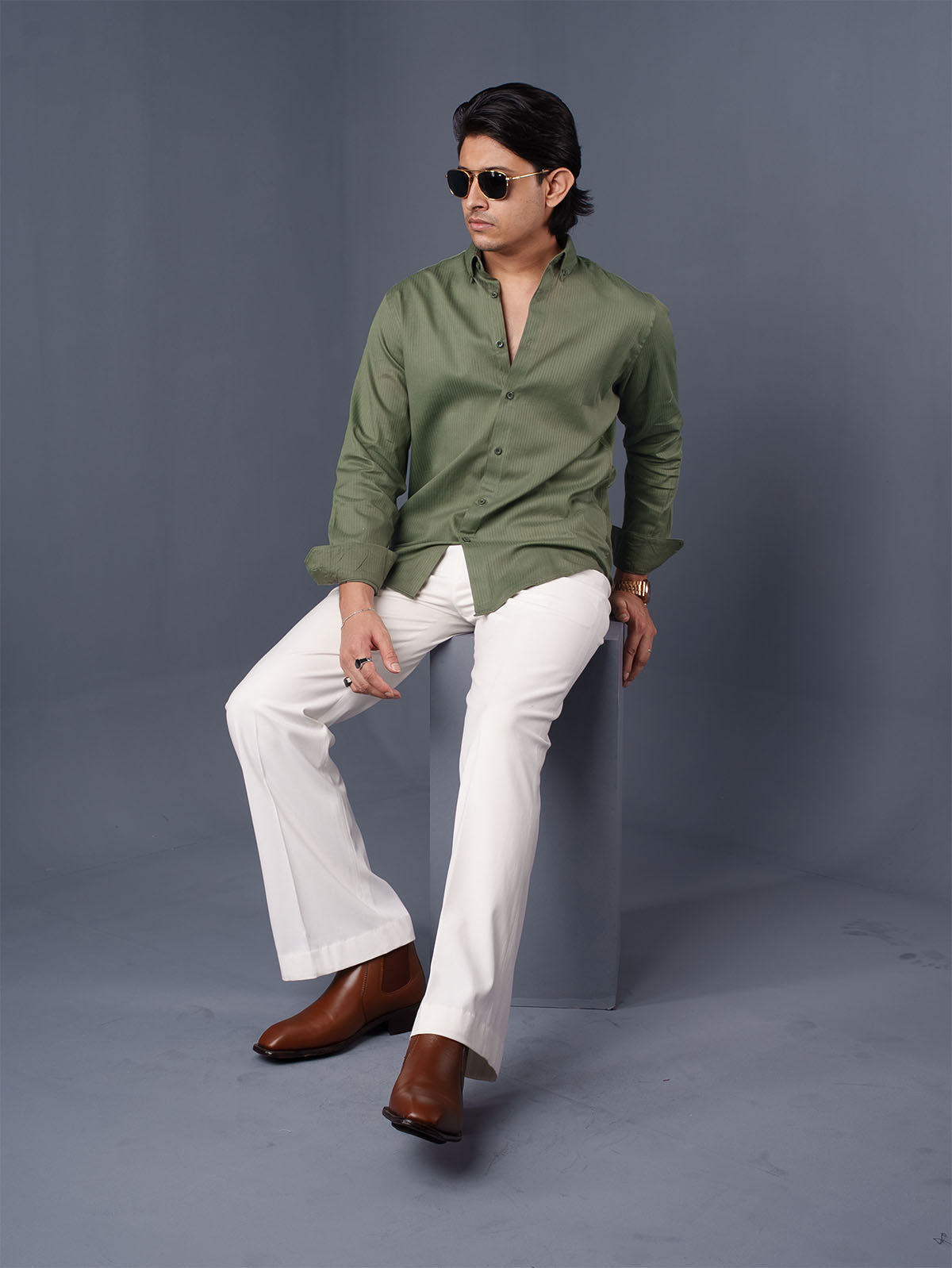 ORBIT Sage Olive Herringbone Shirt - BazeLine