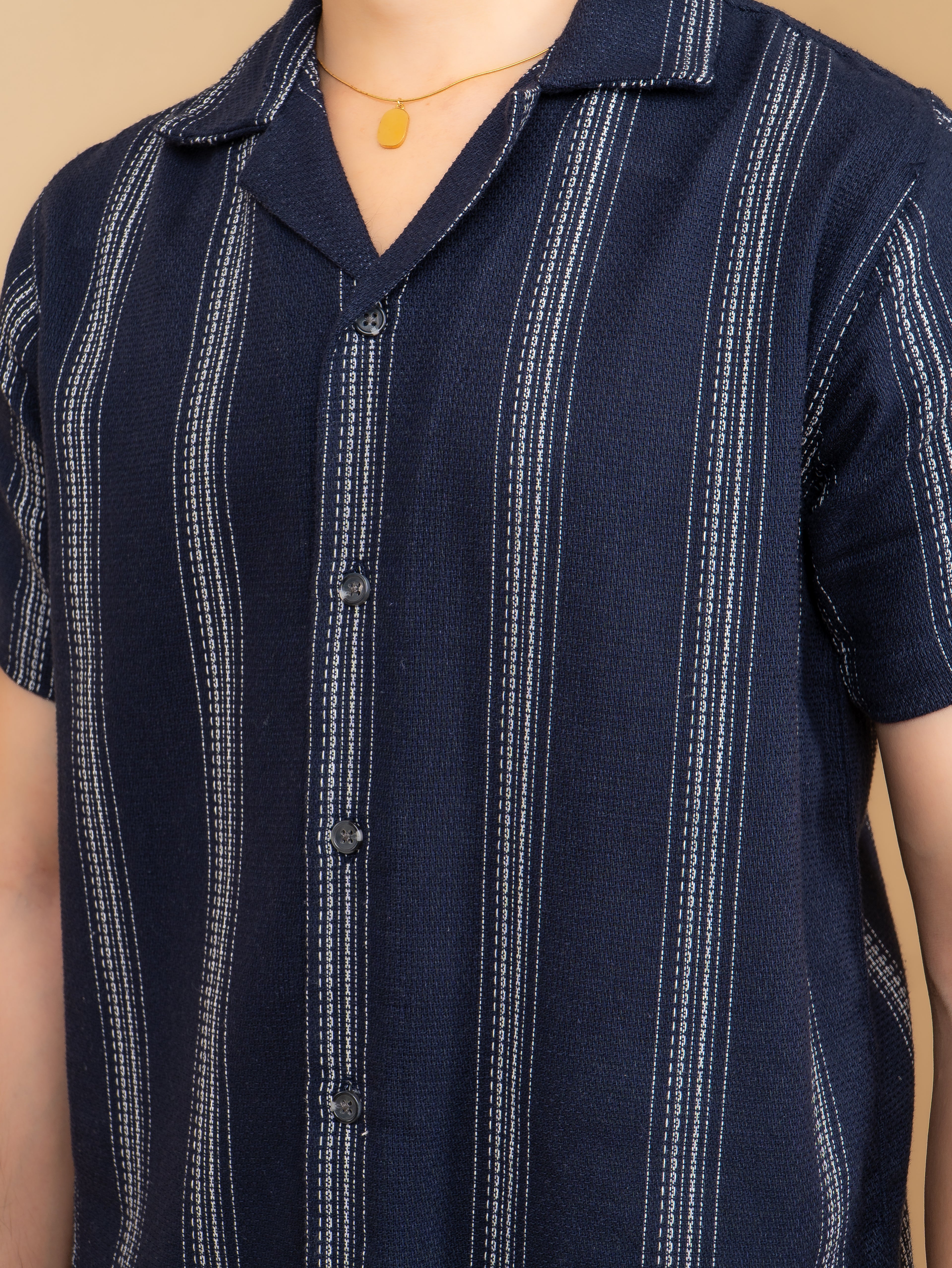 CROCHET Midnight Navy Stripe Cuban Shirt
