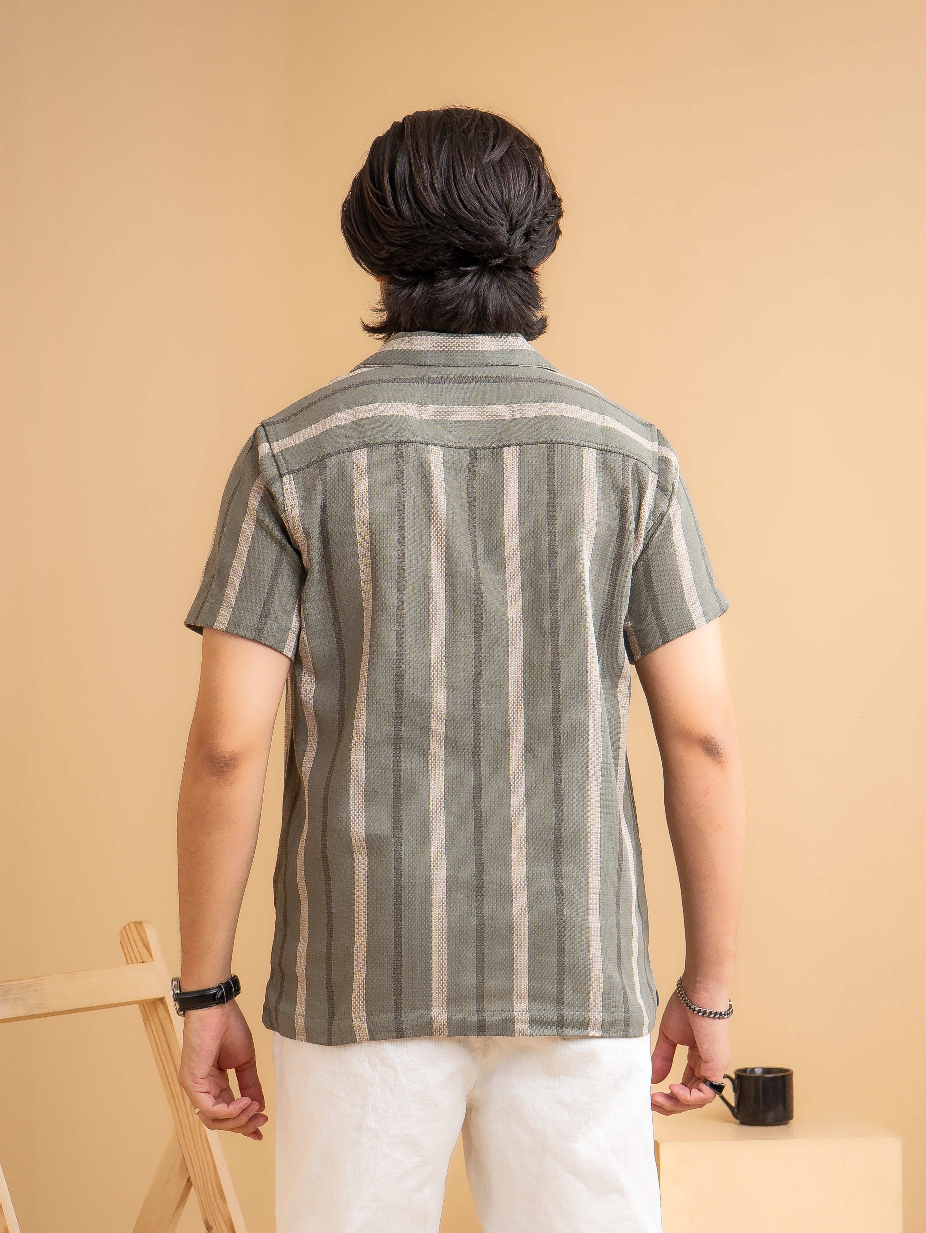 CROCHET Olive Stripe Cuban Shirt