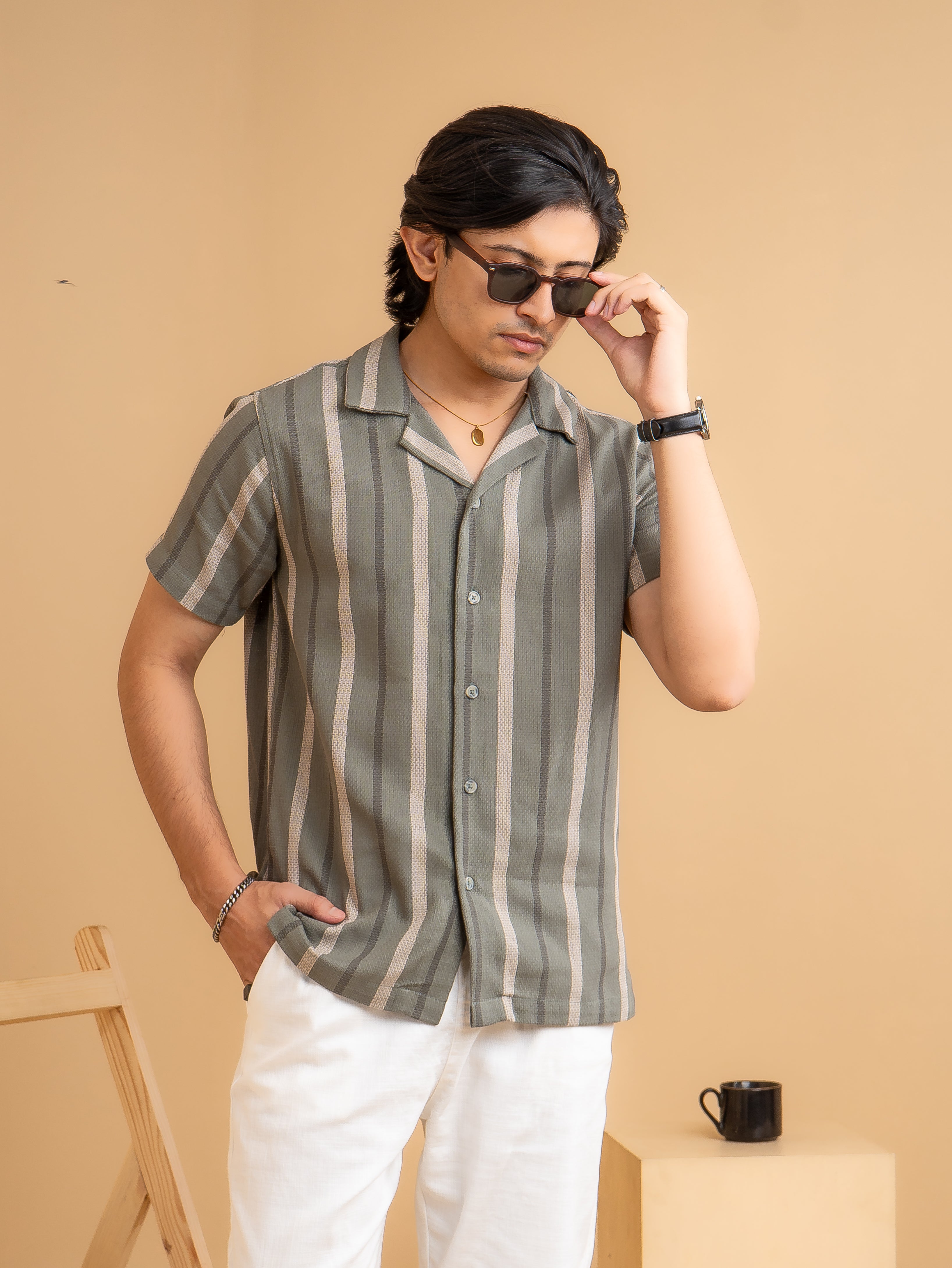 CROCHET Olive Stripe Cuban Shirt