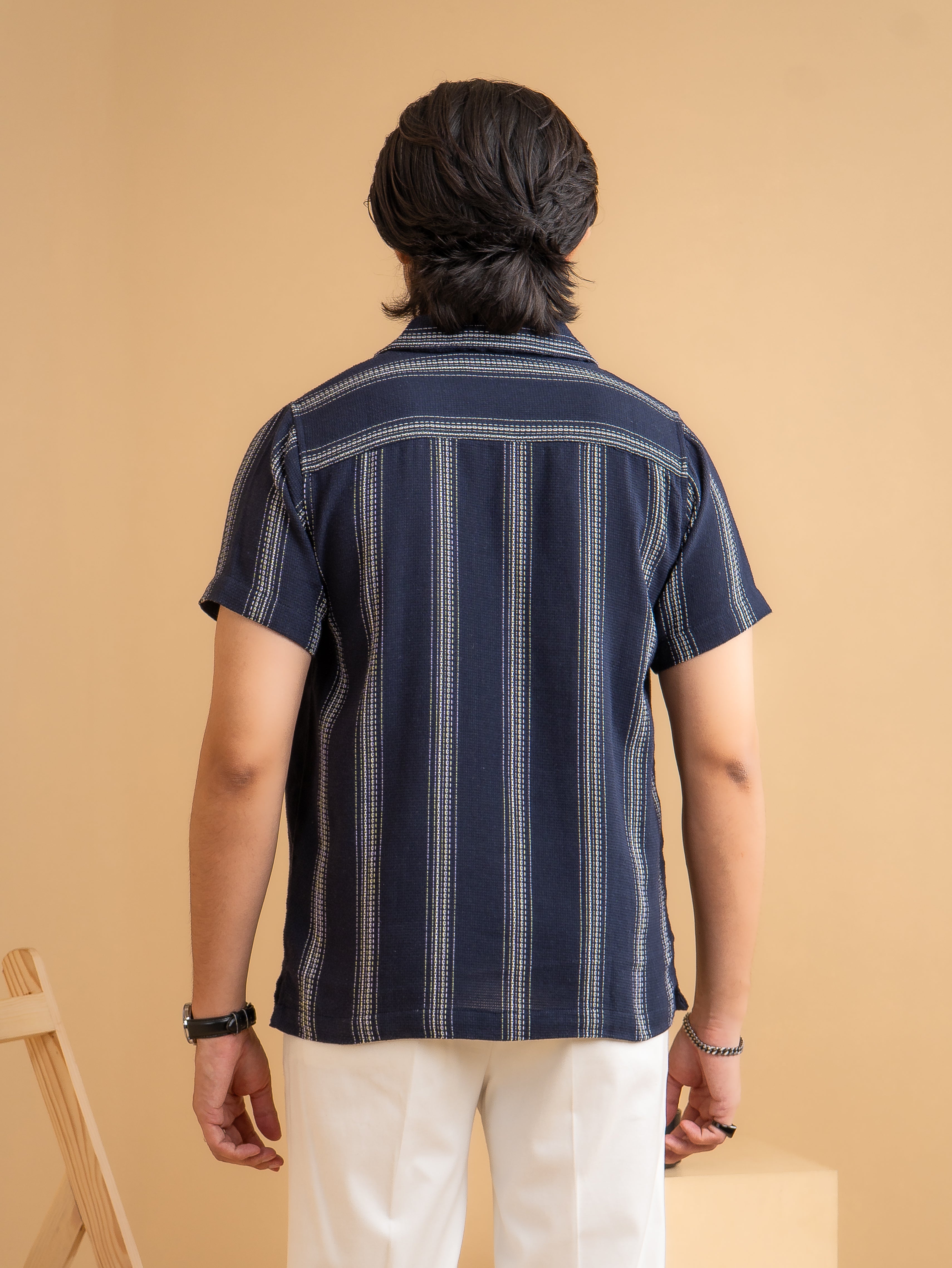 CROCHET Midnight Navy Stripe Cuban Shirt