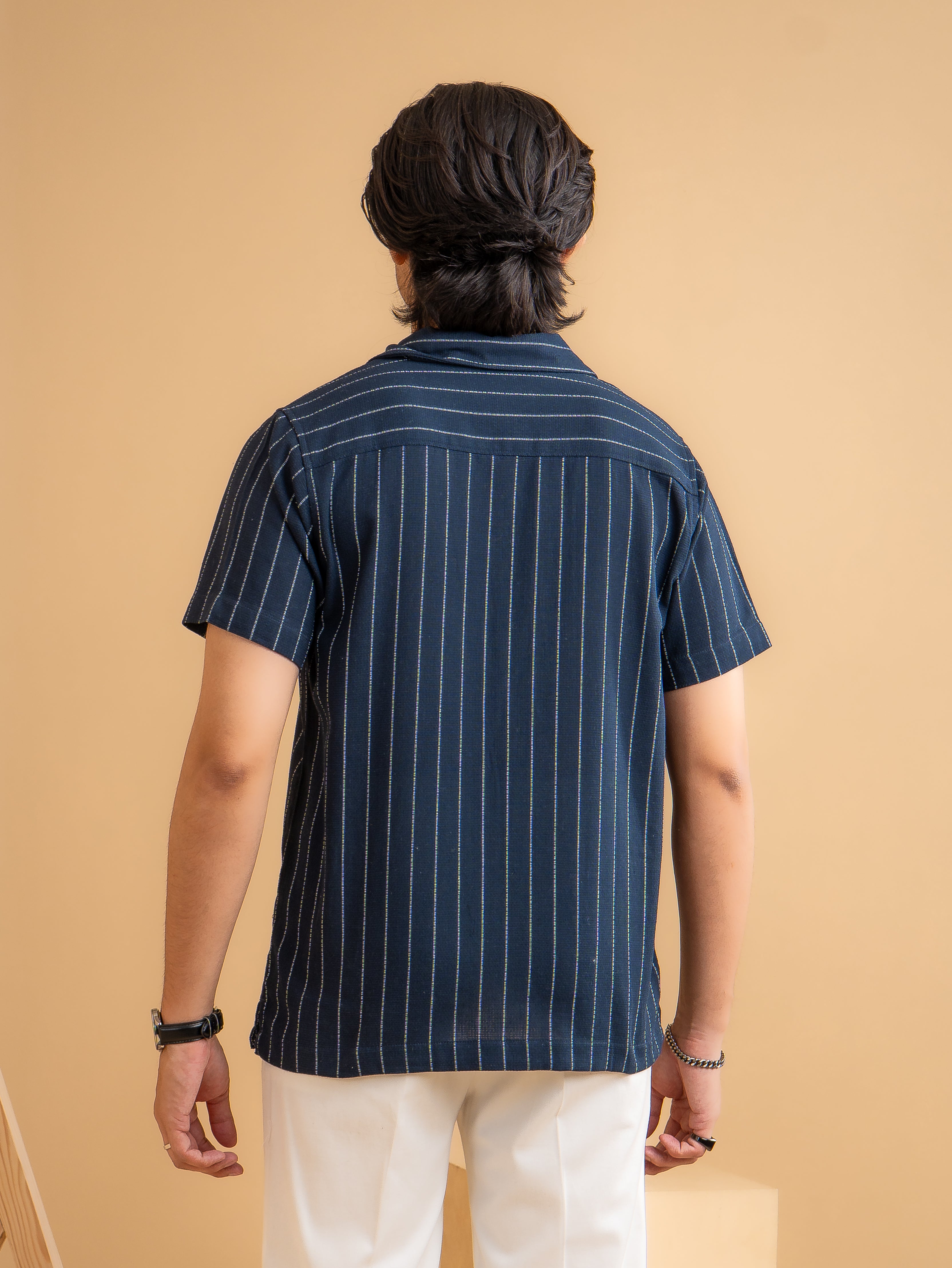 CROCHET Royal Navy Stripe Cuban Shirt