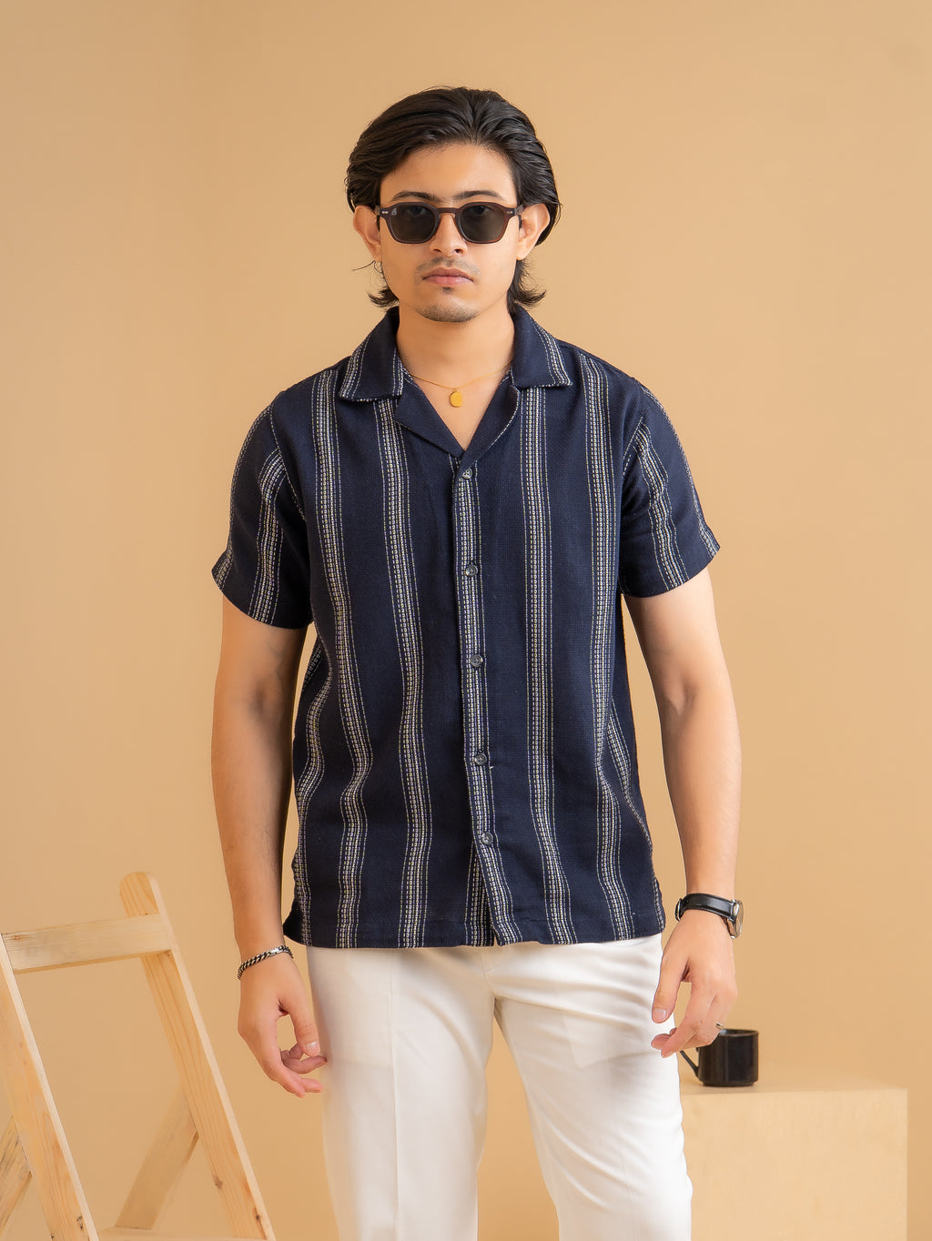CROCHET Midnight Navy Stripe Cuban Shirt