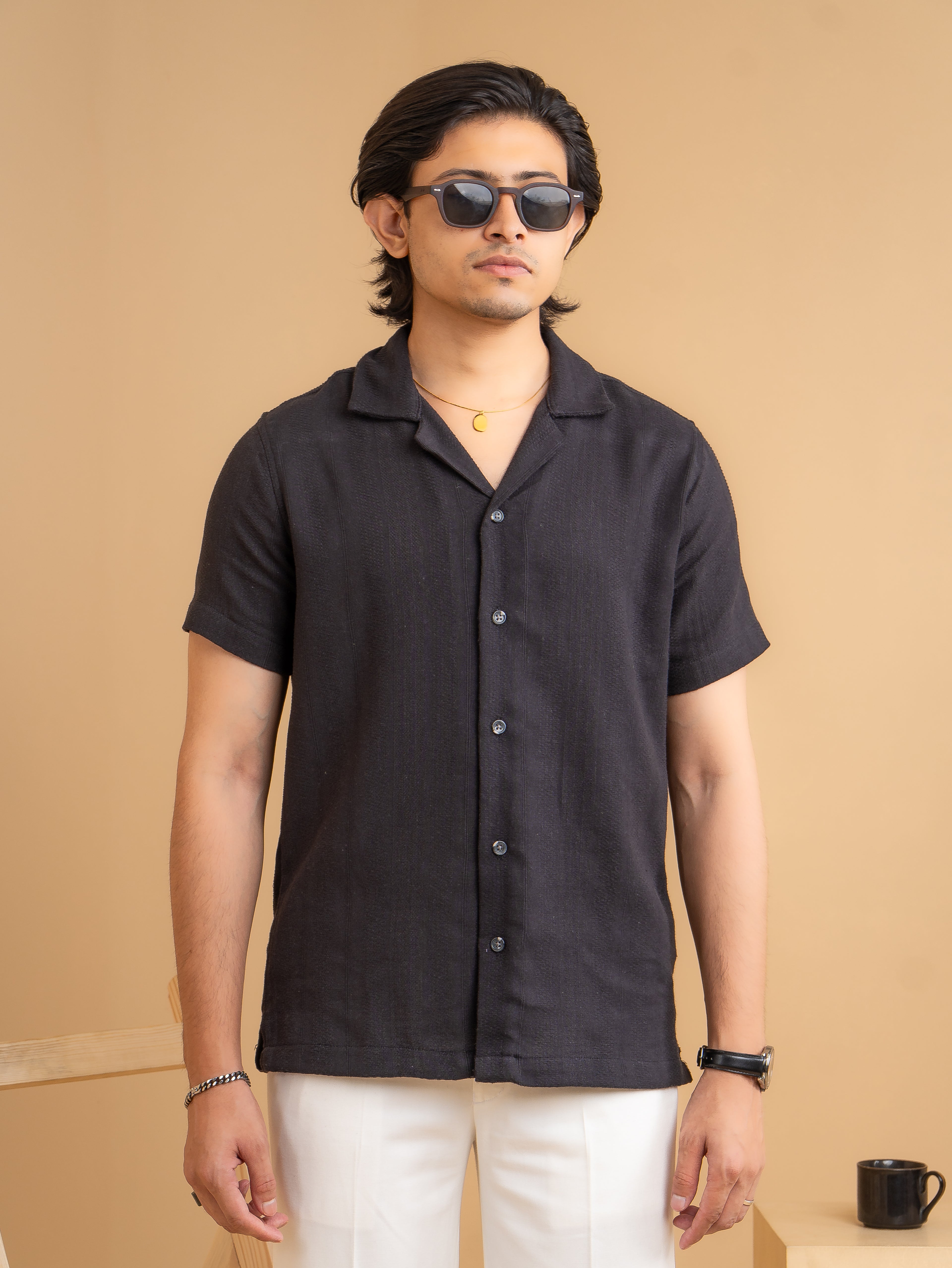 CROCHET Midnight Black Cuban Shirt