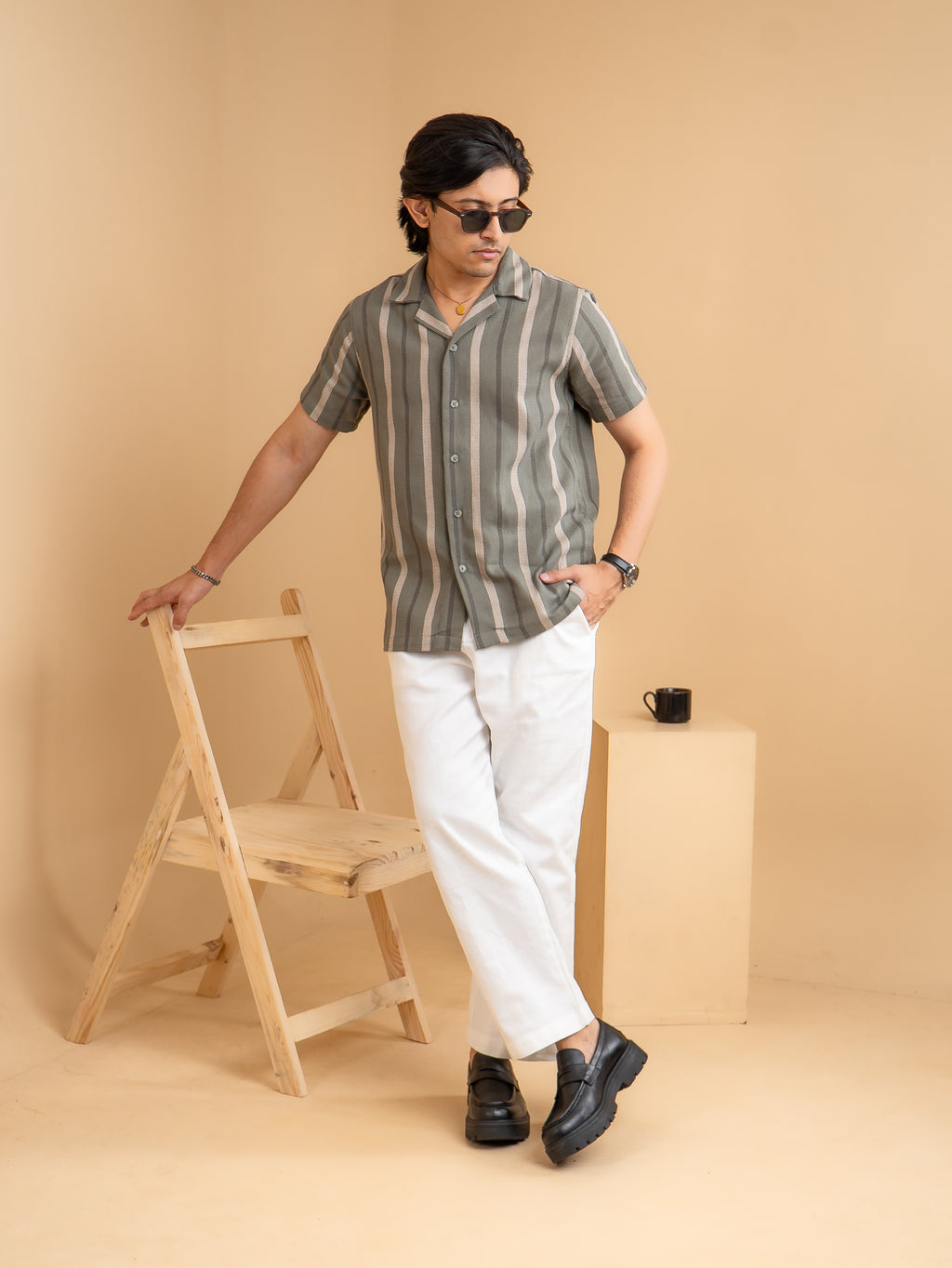 CROCHET Olive Stripe Cuban Shirt
