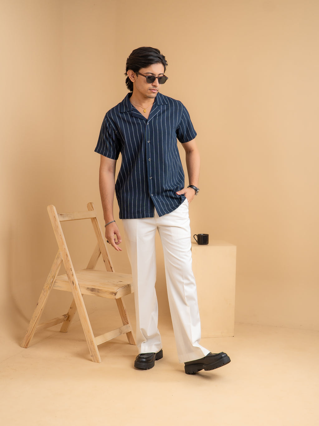 CROCHET Royal Navy Stripe Cuban Shirt