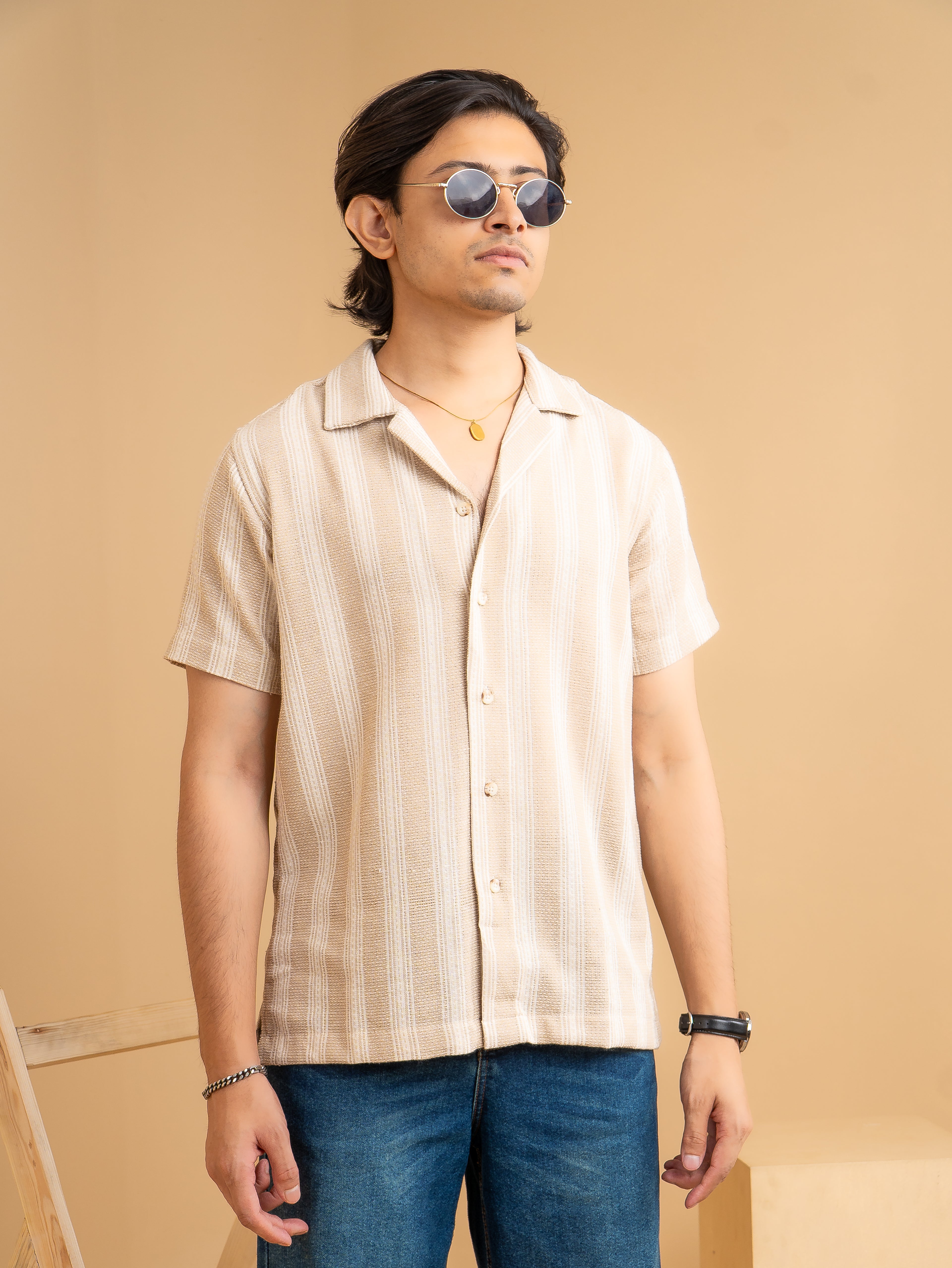 CROCHET Sand Beige Stripe Cuban Shirt