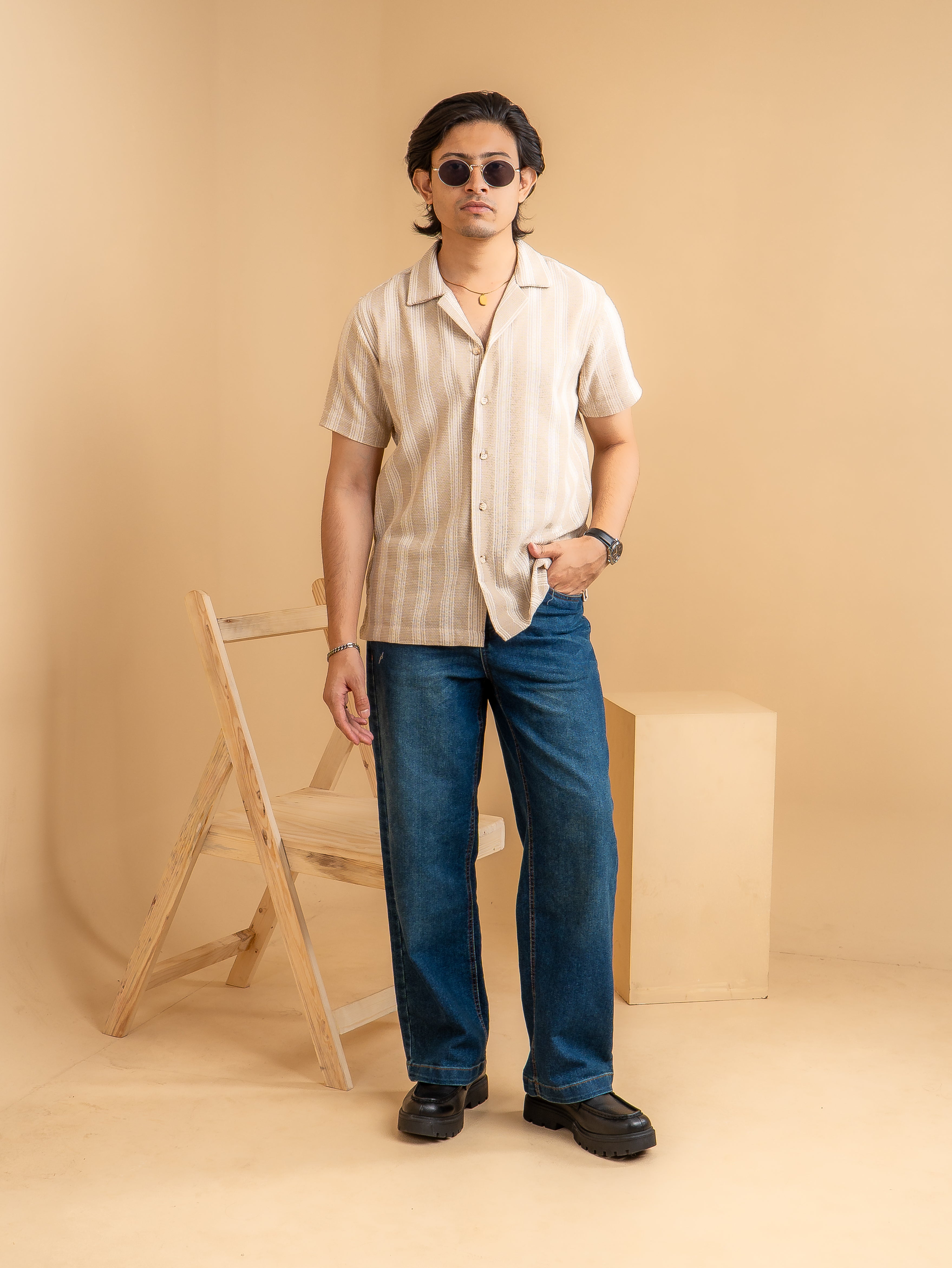 CROCHET Sand Beige Stripe Cuban Shirt
