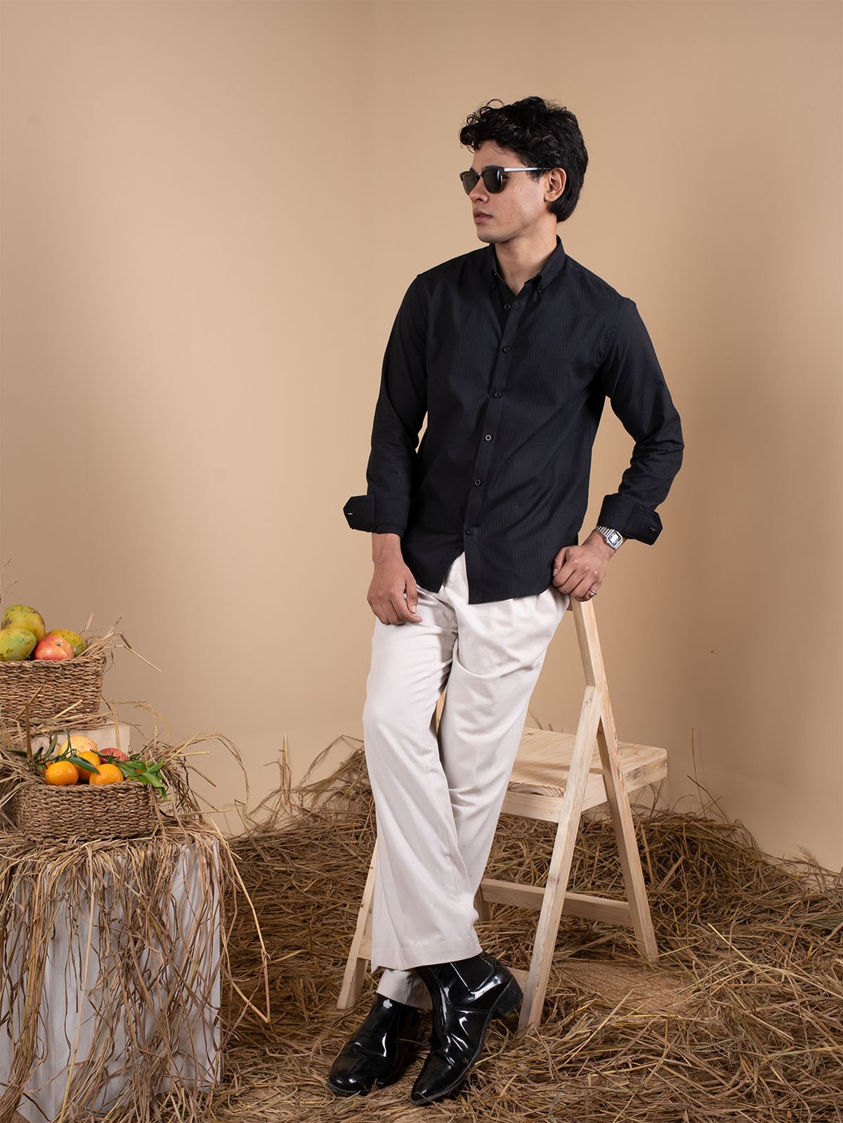 SUNFEST Jet Black Textured Shirt - BazeLine