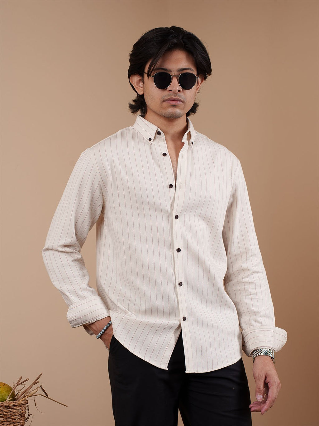 SUNFEST Off-White and Red Pinstripe Shirt - BazeLine