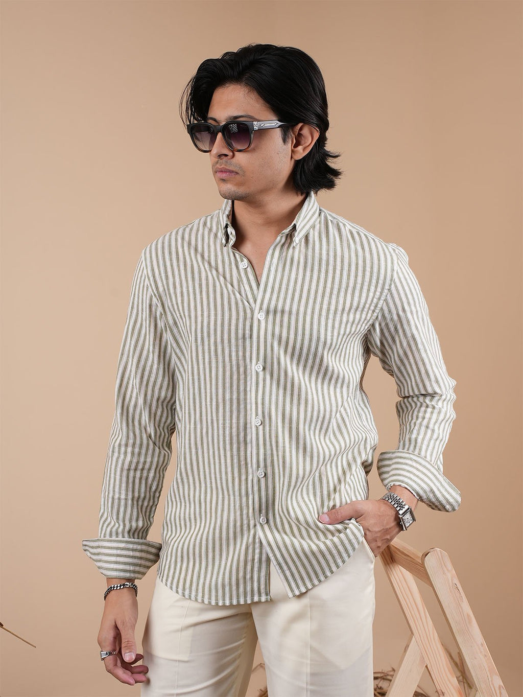 SUNFEST Olive - Off - White Stripe Shirt - BazeLine