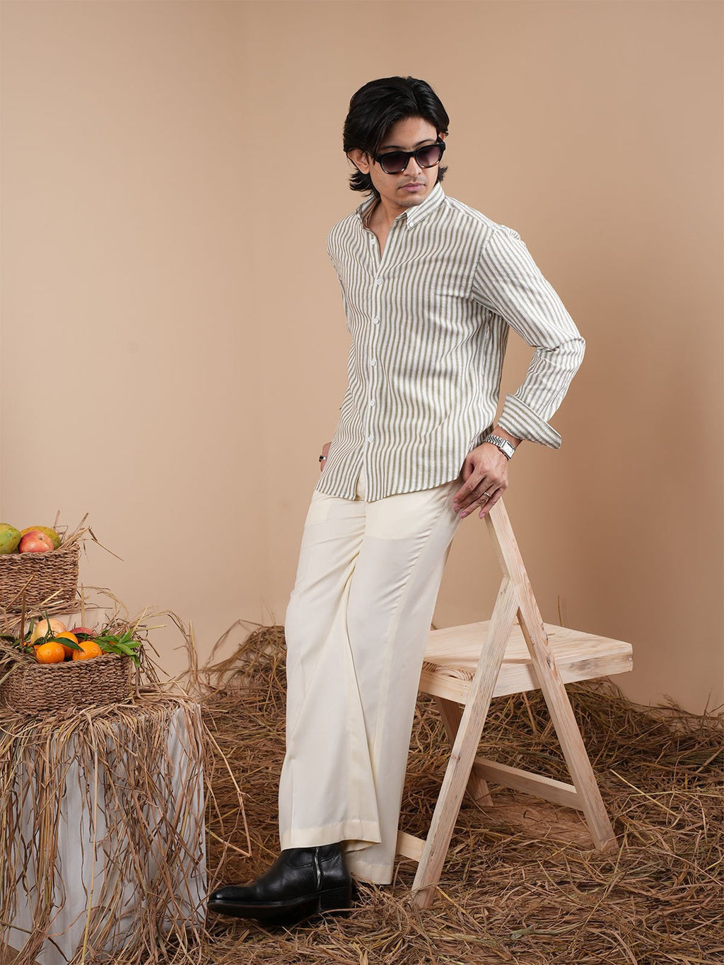 SUNFEST Olive - Off - White Stripe Shirt - BazeLine