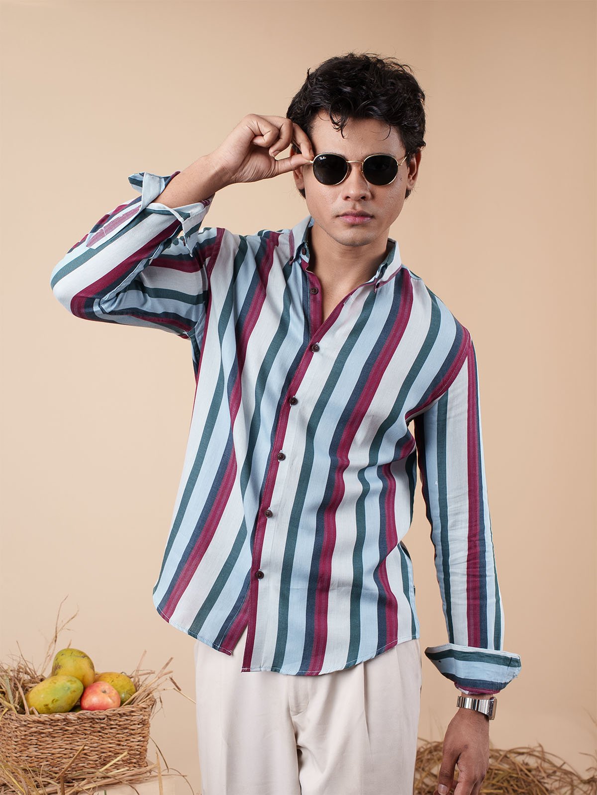 SUNFEST Sky Blue - Maroon Multi-Stripe Shirt - BazeLine
