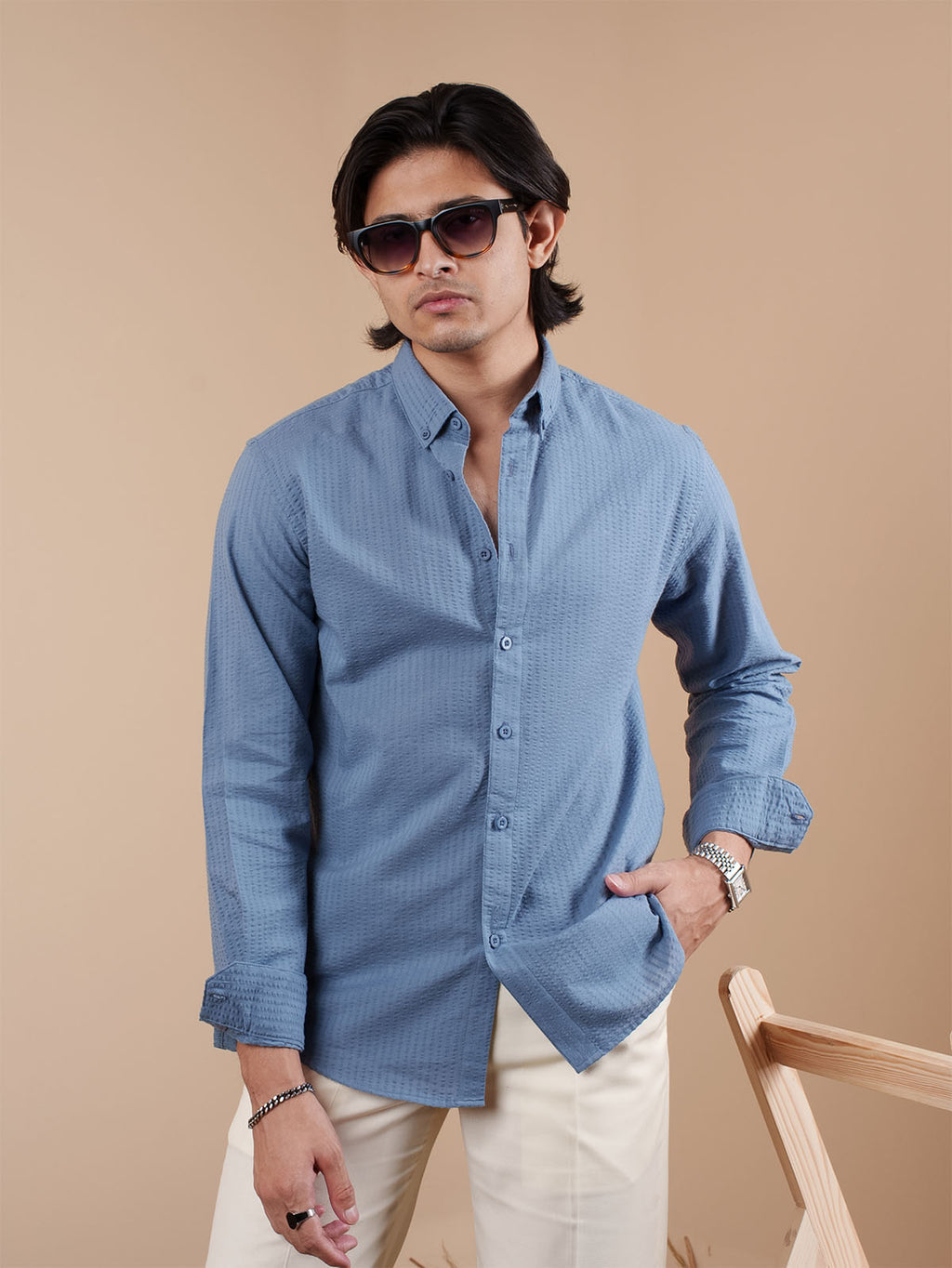 SUNFEST Slate Blue Textured Shirt - BazeLine