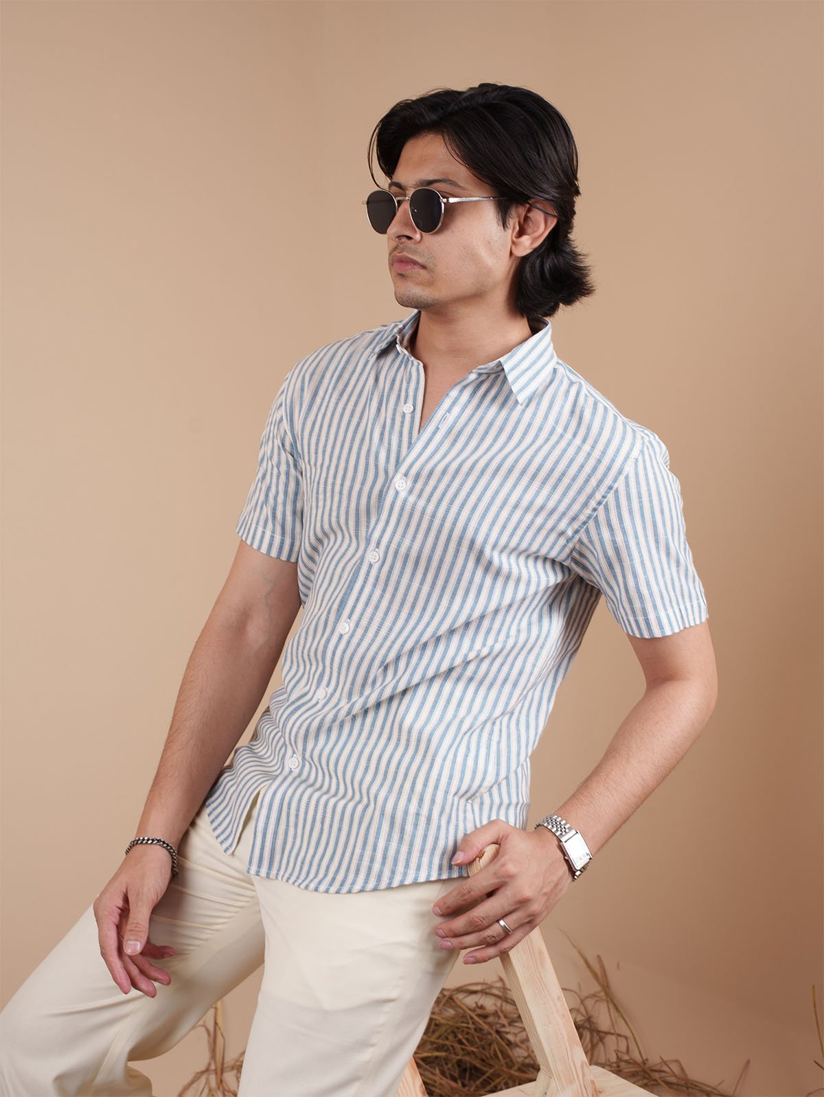 White and Blue Stripe Half Sleeve Shirt - BazeLine