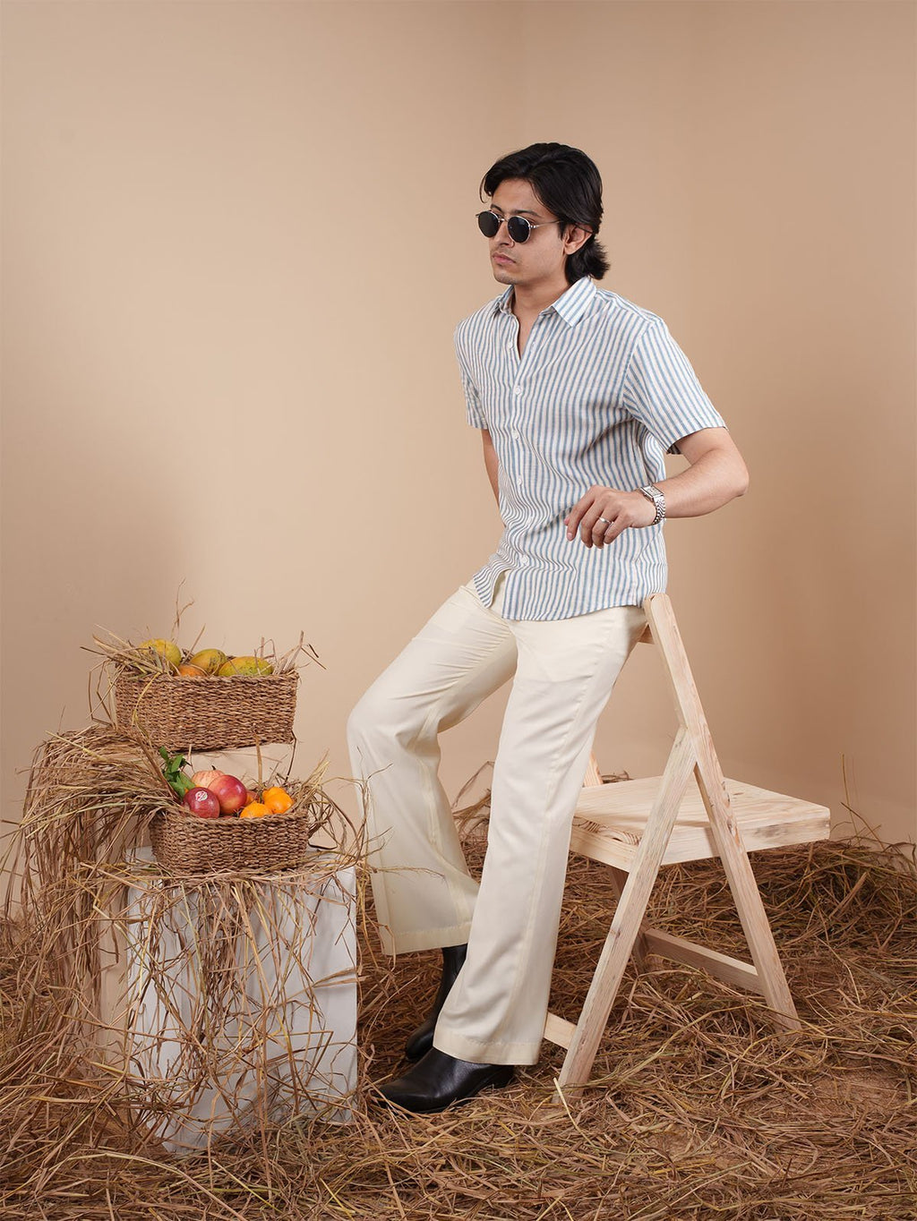 White and Blue Stripe Half Sleeve Shirt - BazeLine