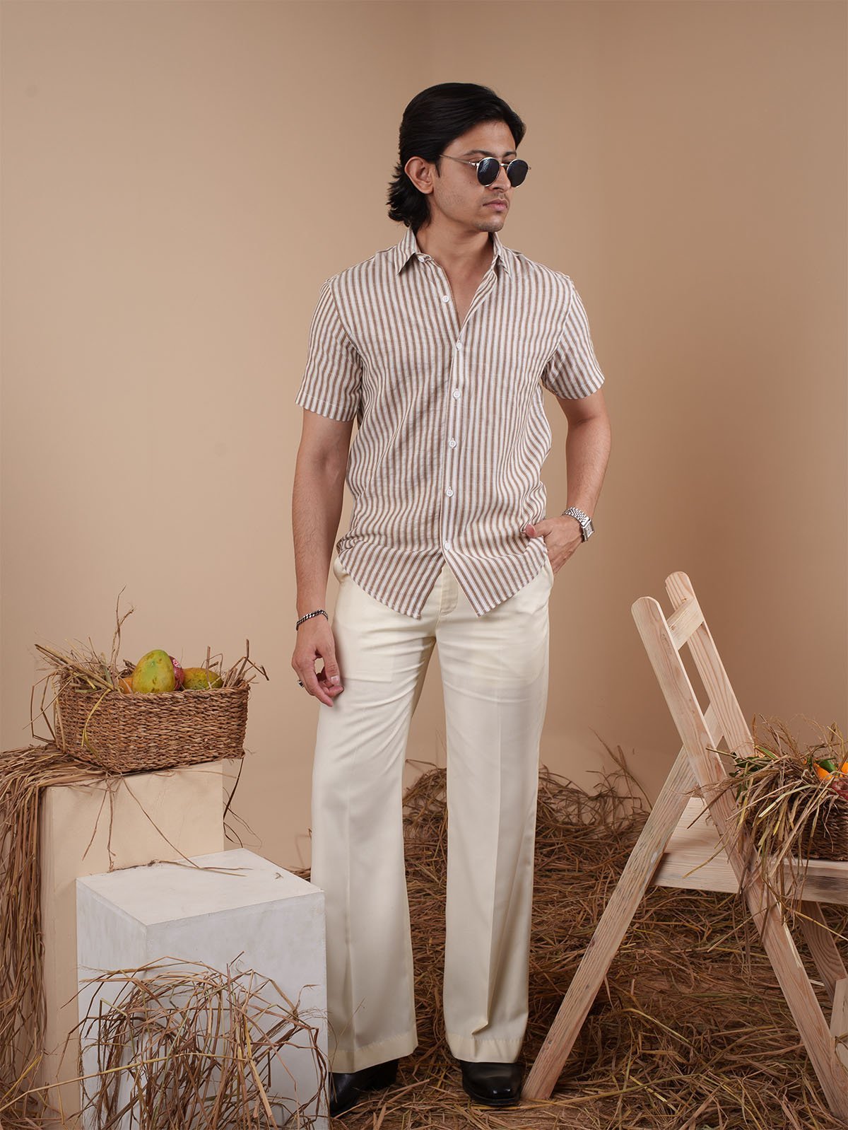 White and Brown Stripe Half Sleeve Shirt - BazeLine