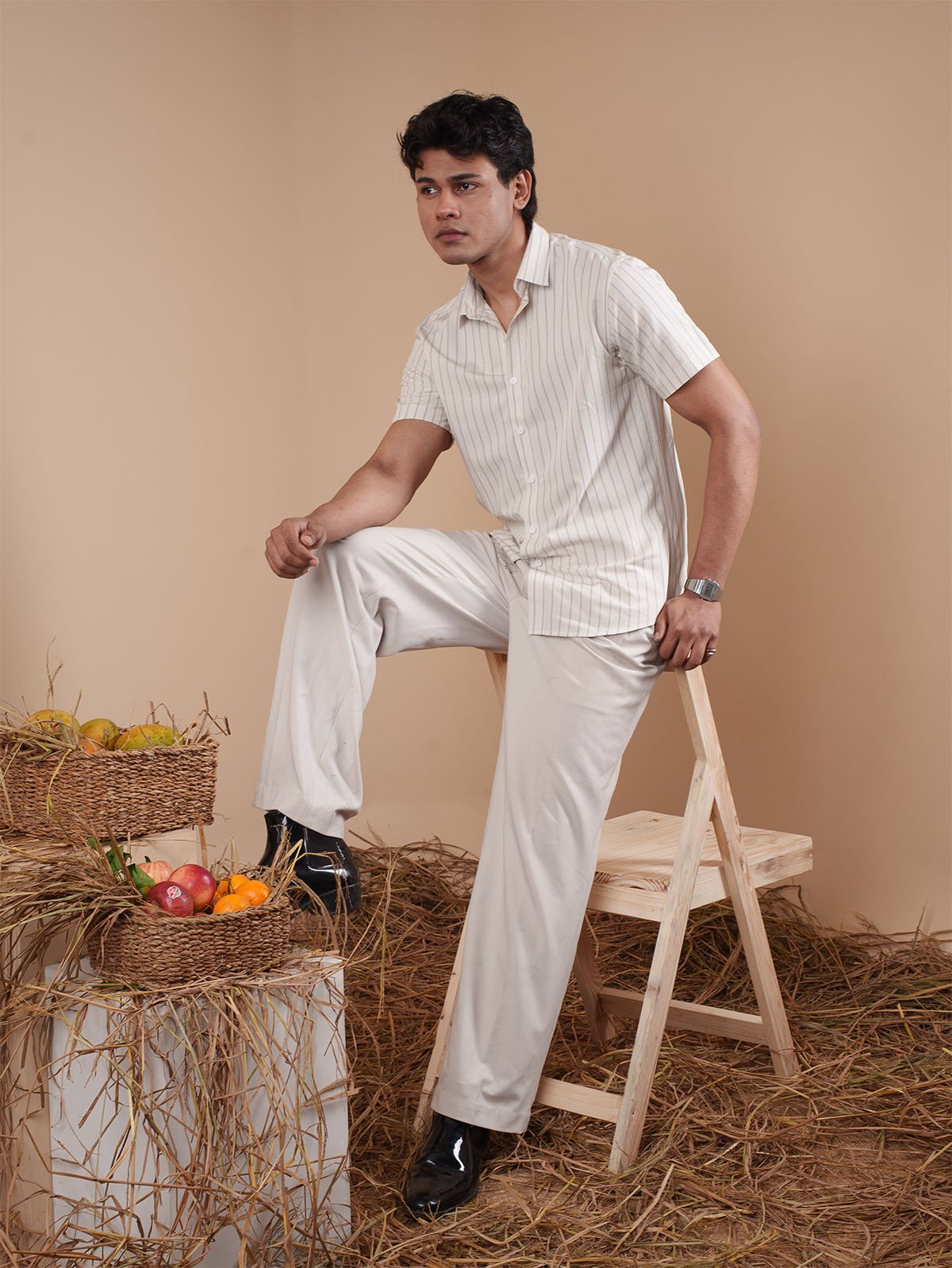 White Pinstripe Half Sleeve Shirt - BazeLine