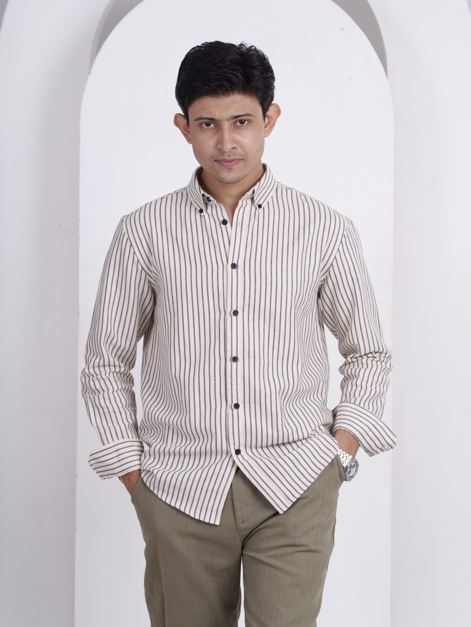 SOLACE Cream with Navy Striped Shirt